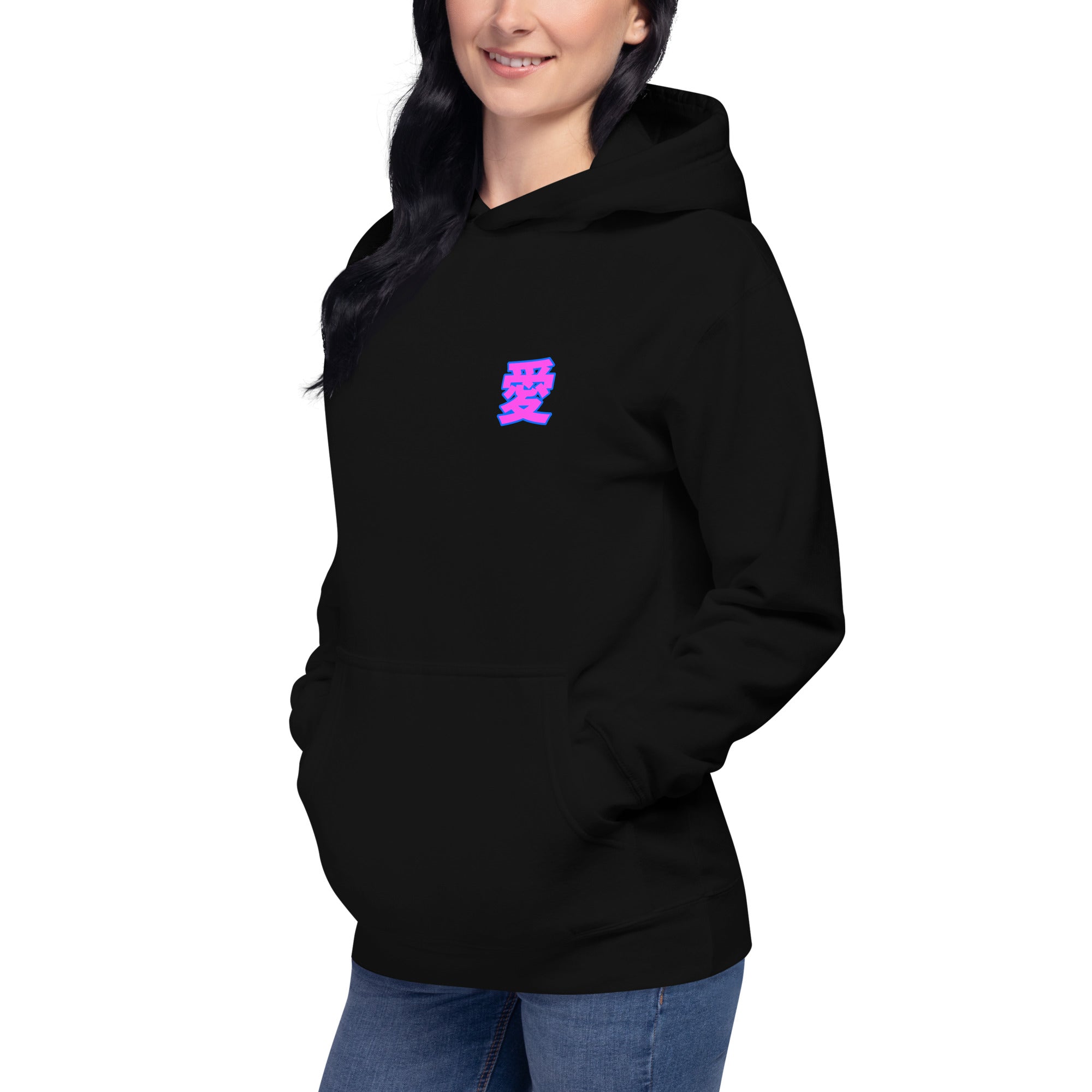 DuelStars Kanji 愛 Hoodie, Black, side view, life-style [cw:black]
