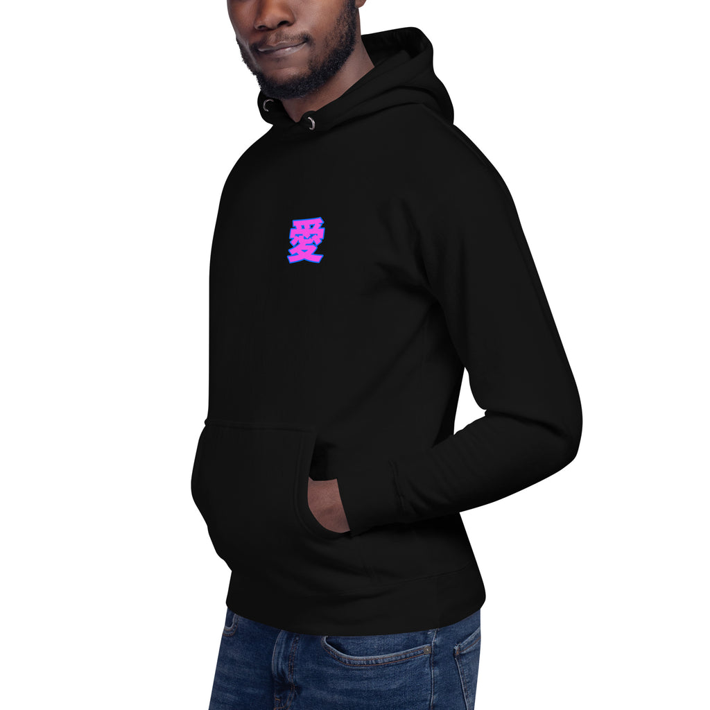 DuelStars Kanji 愛 Hoodie, Black, side view, life-style [cw:black]