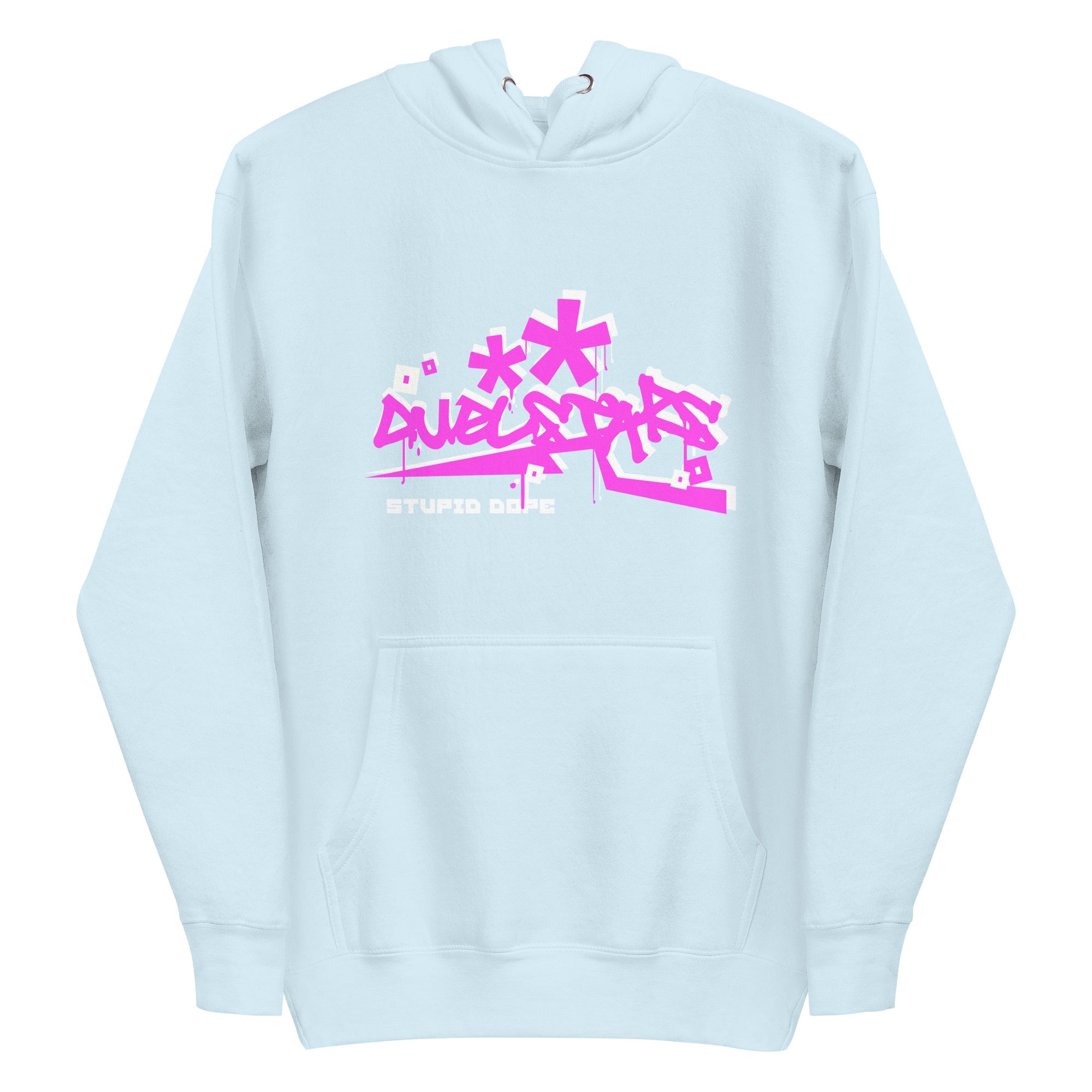 DuelStars Stupid Dope Hoodie, sky blue with pink print, front view, lay-flat  [cw:sky-blue]