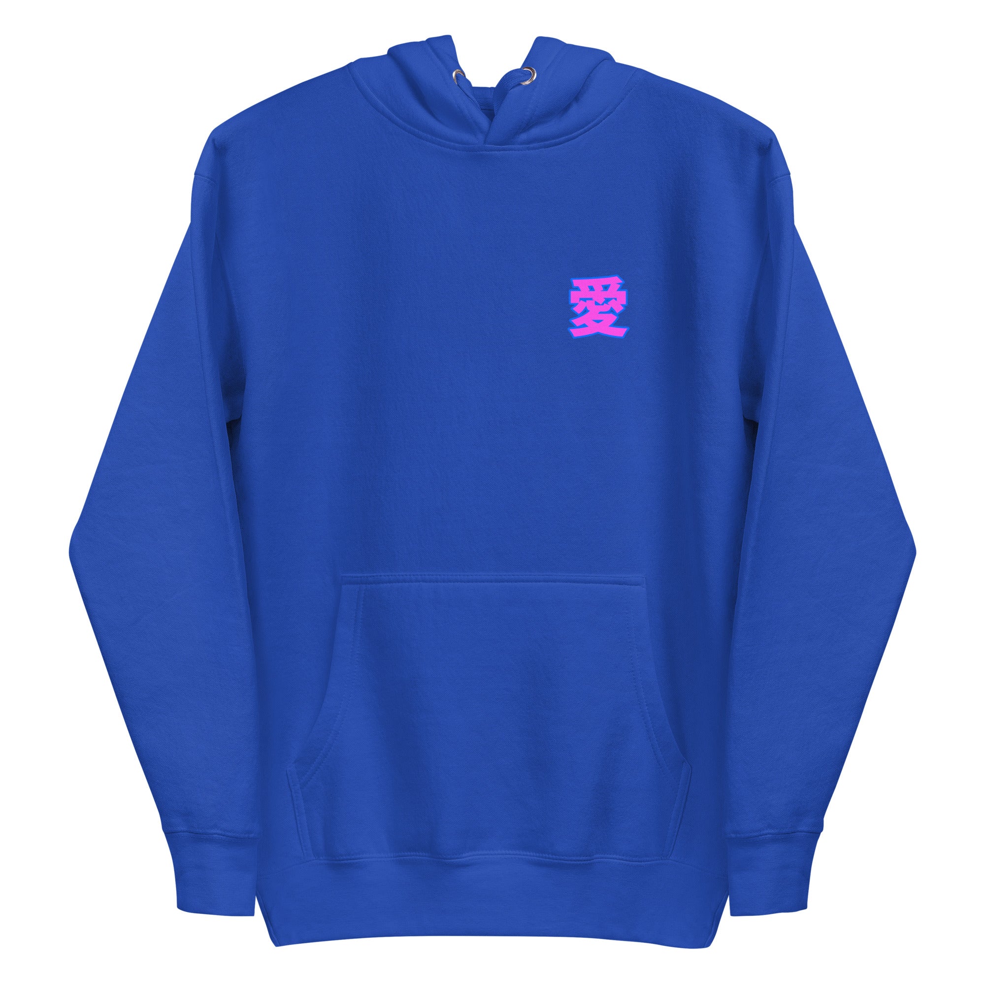 DuelStars Kanji 愛 Hoodie, Team Royal Blue, front view, lay-flat [cw:team-royal]