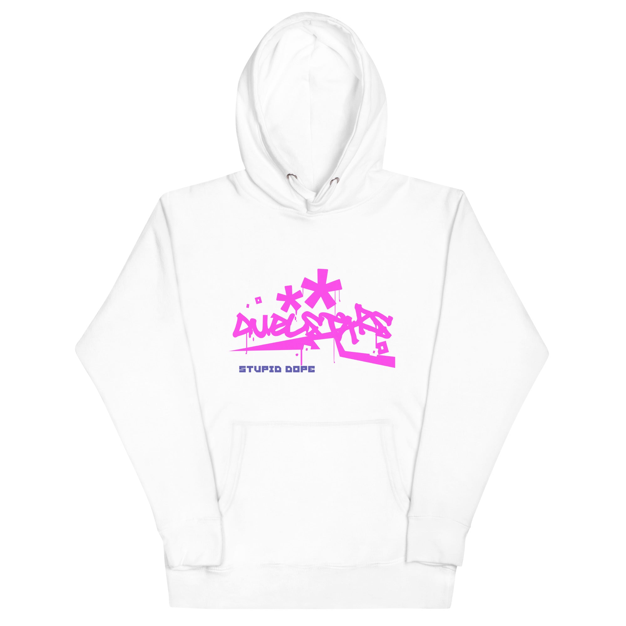 DuelStars Stupid Dope Hoodie, white with pink print, front view, lay-flat [cw:white]
