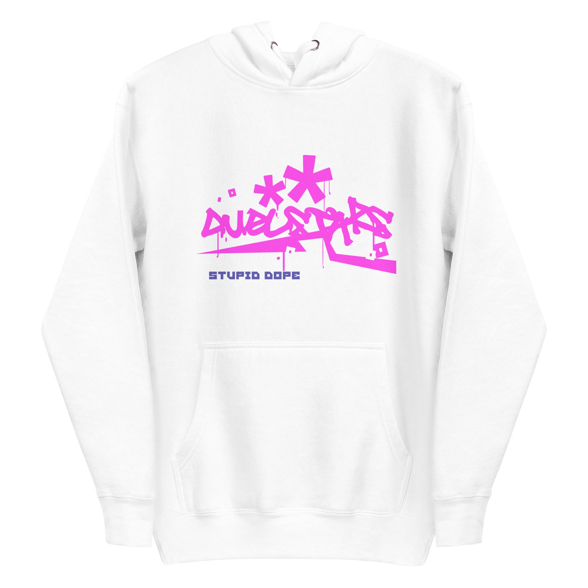 DuelStars Stupid Dope Hoodie, white with pink print, front view, lay-flat [cw:white-pink-print]