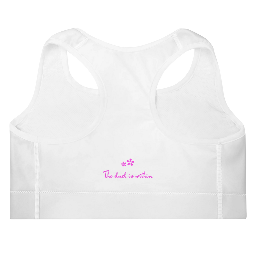 DuelStars Core Femme sports bra back view - featuring "The Duel Is Within" inspirational text.