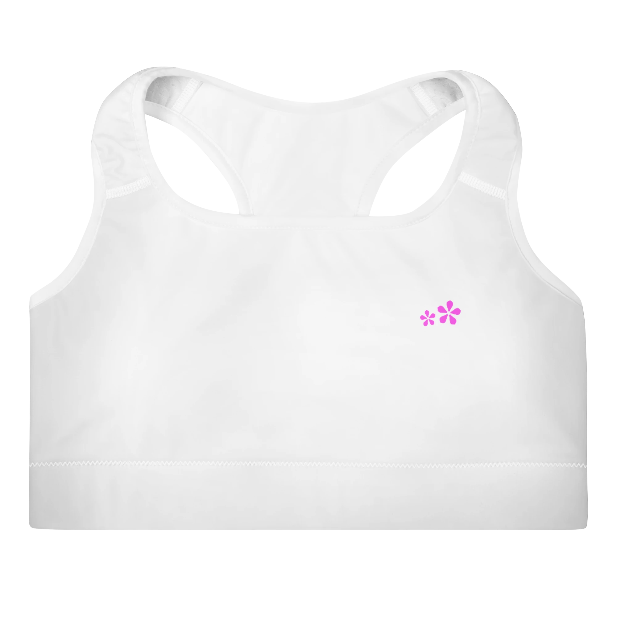 DuelStars Core Femme sports bra - front view flat lay showing DuelStars blossom logo design.
