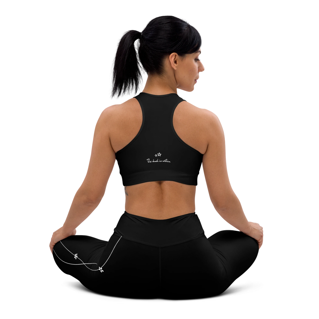 DuelStars Core Femme high-waist yoga leggings - full back view showing white floral print and complete coverage.