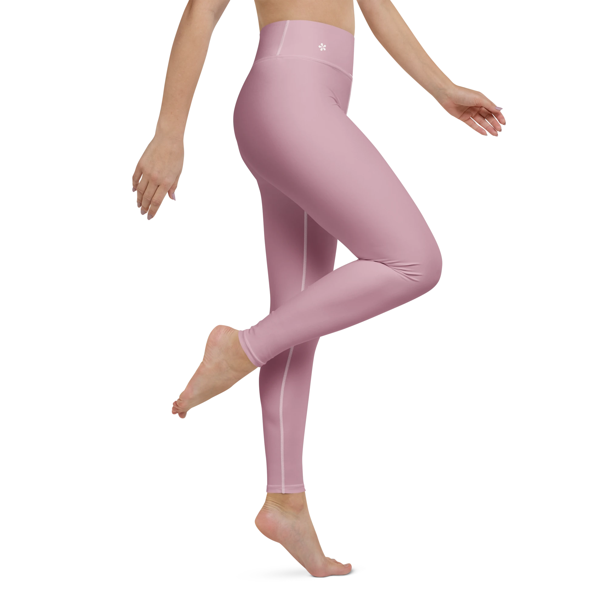 DuelStars Core Femme dusty rose yoga leggings - right side leg view showing stretch and floral blossom detail.