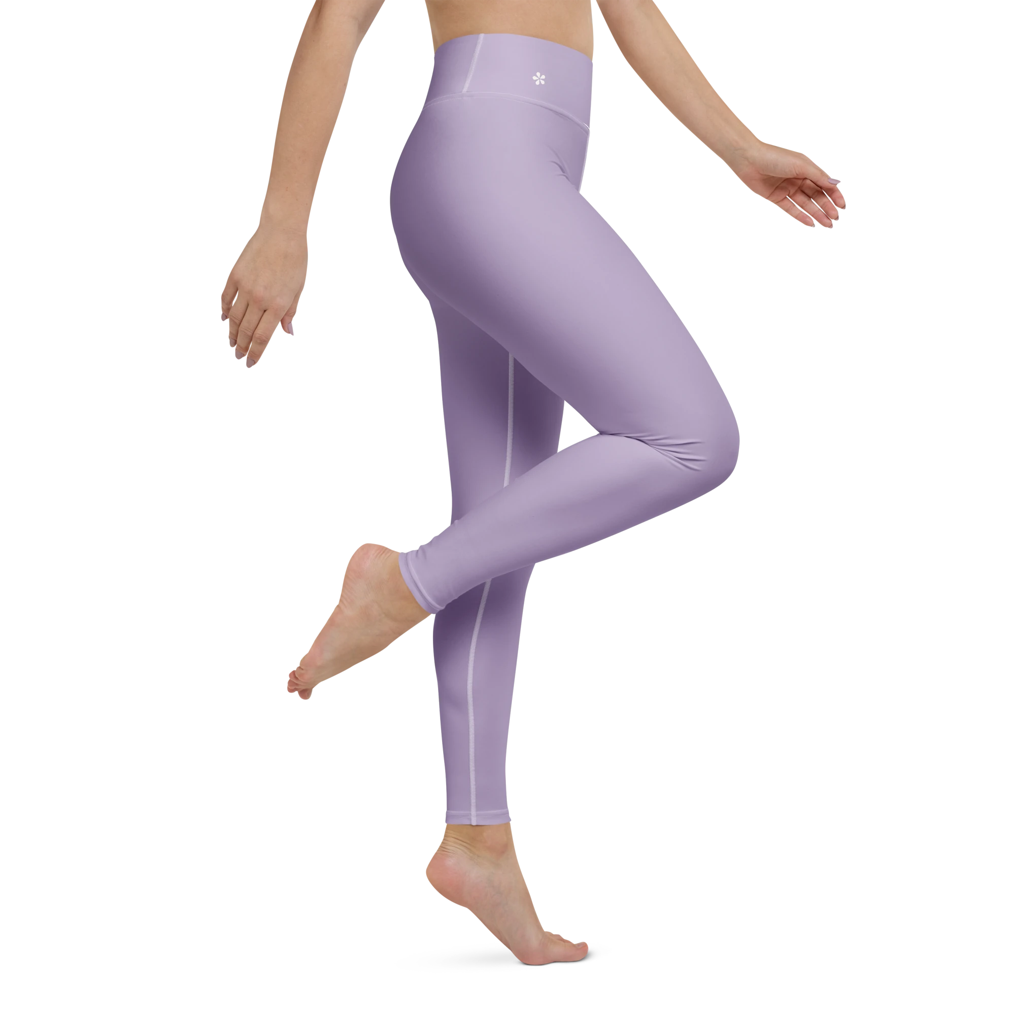 DuelStars Core Femme misty lavender yoga leggings - right side leg view showing stretch and floral blossom detail.