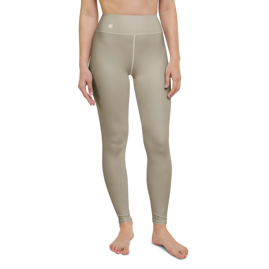 DuelStars Core Femme stone grey yoga leggings - full front view showing floral blossom and high-waist design.