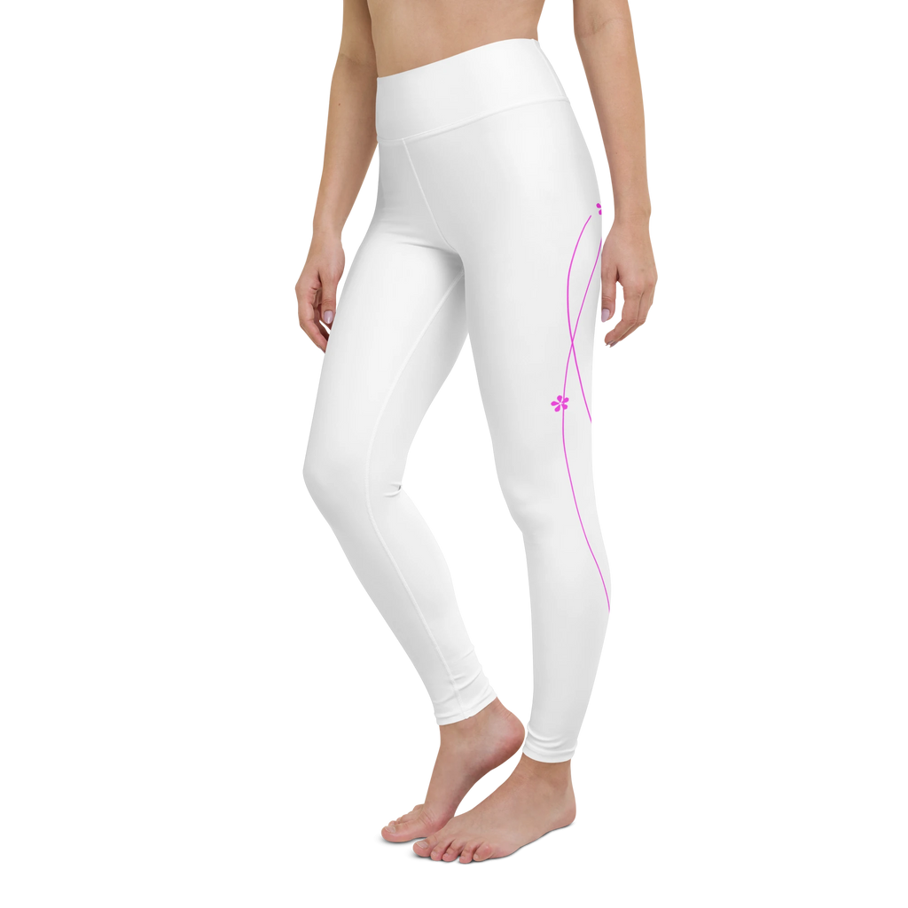 DuelStars Core Femme high-waist yoga leggings with floral print - pink and white design left front view.