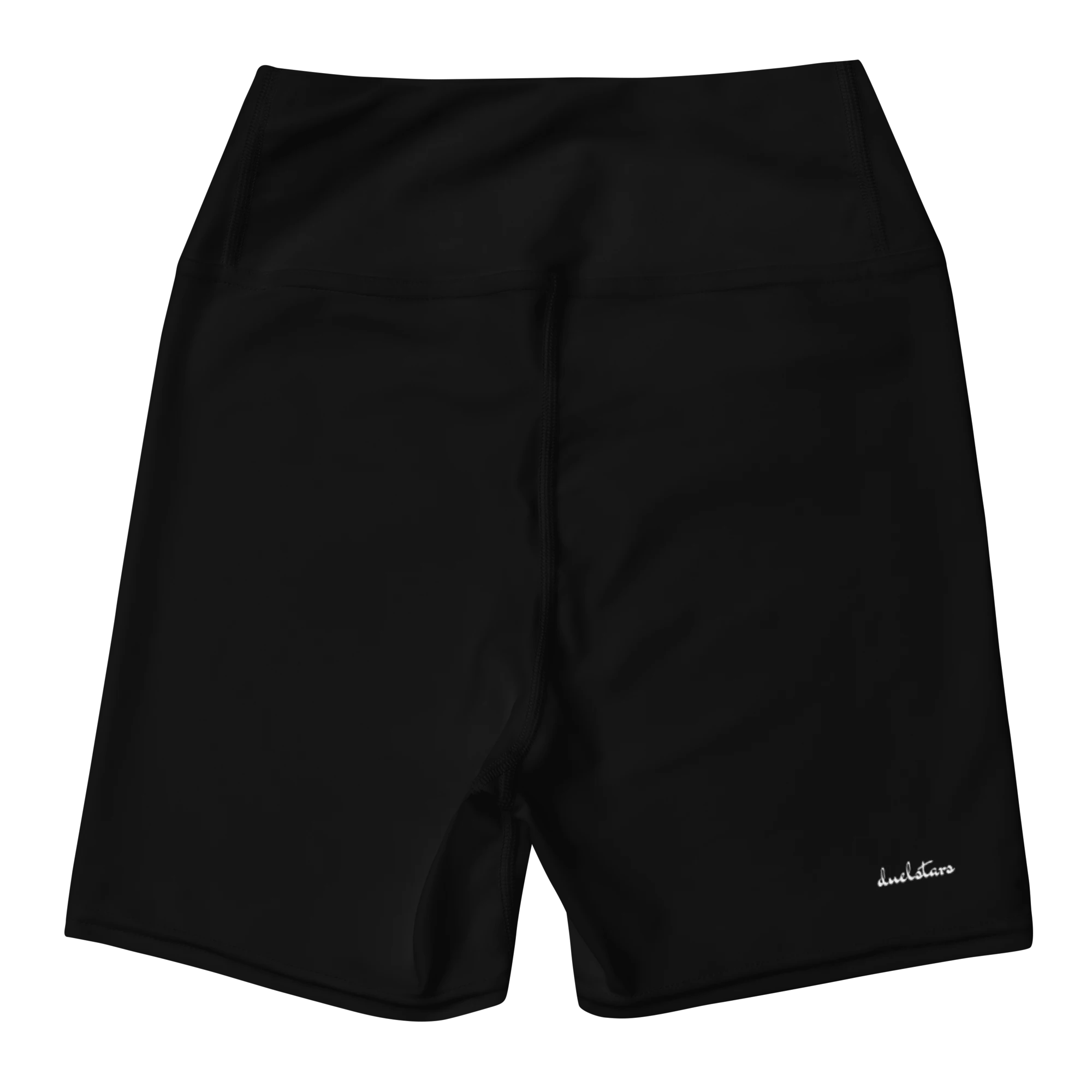 DuelStars black yoga shorts with white floral print, flat lay back view