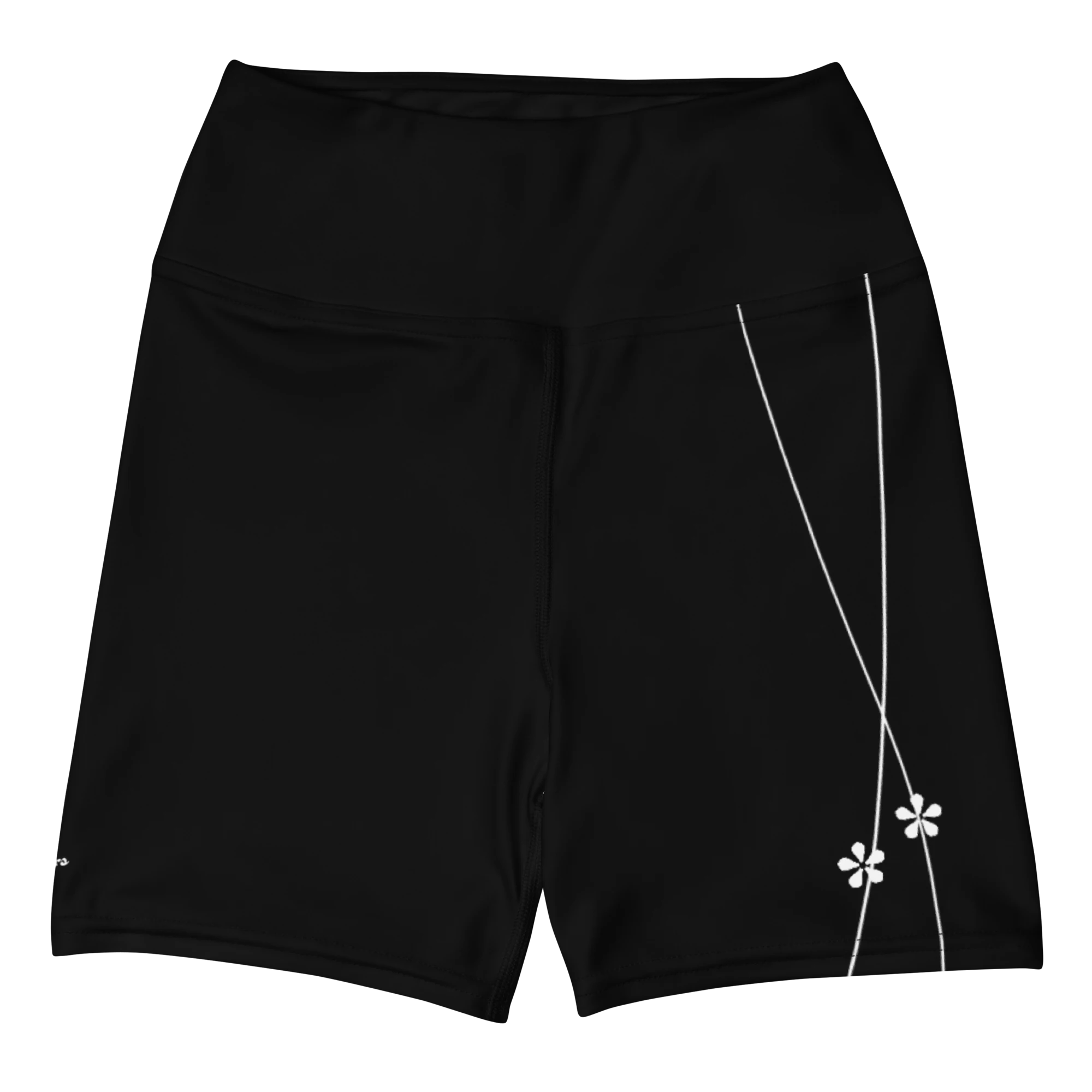 DuelStars black yoga shorts with white floral print, flat lay front view