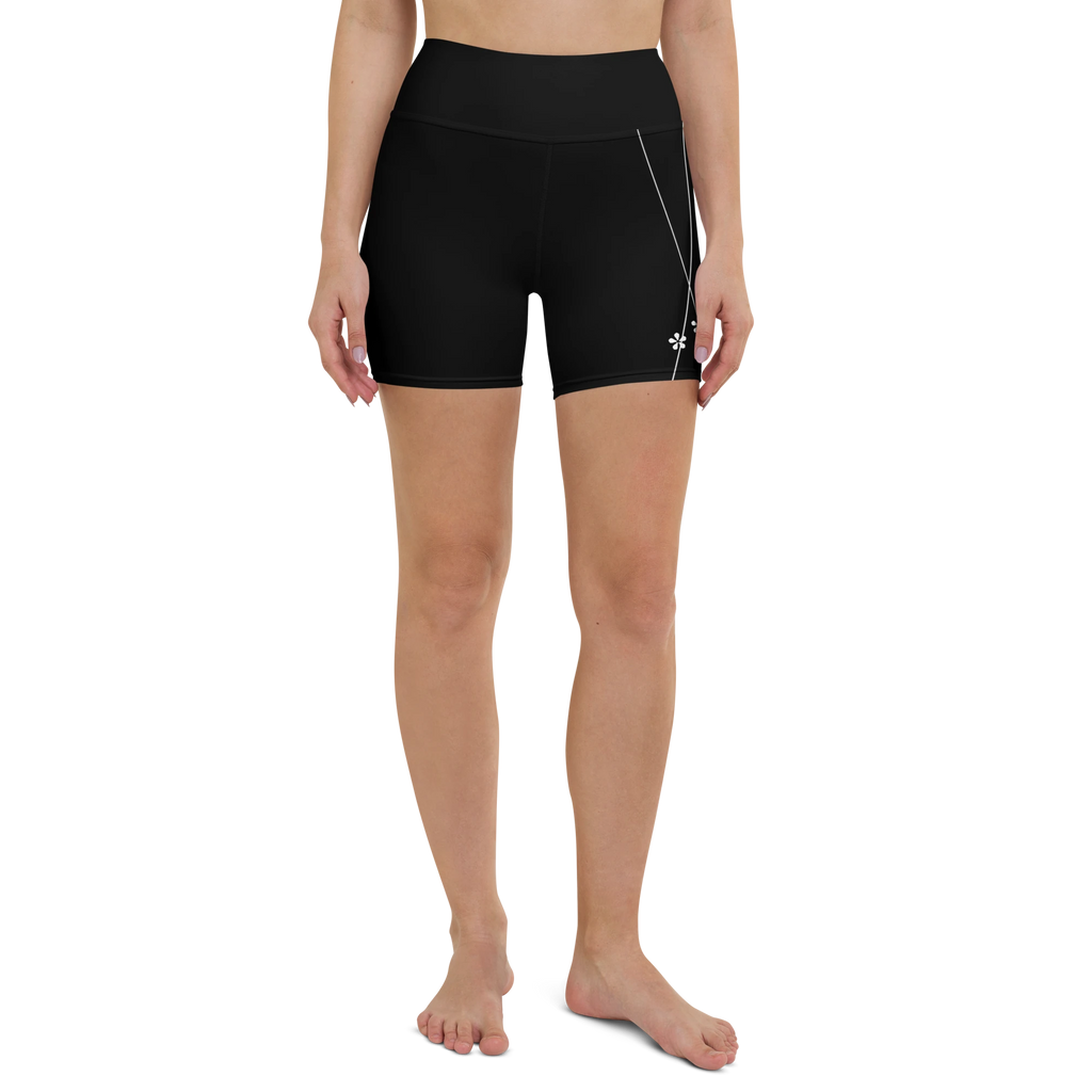 DuelStars black yoga shorts with white floral print, full front view