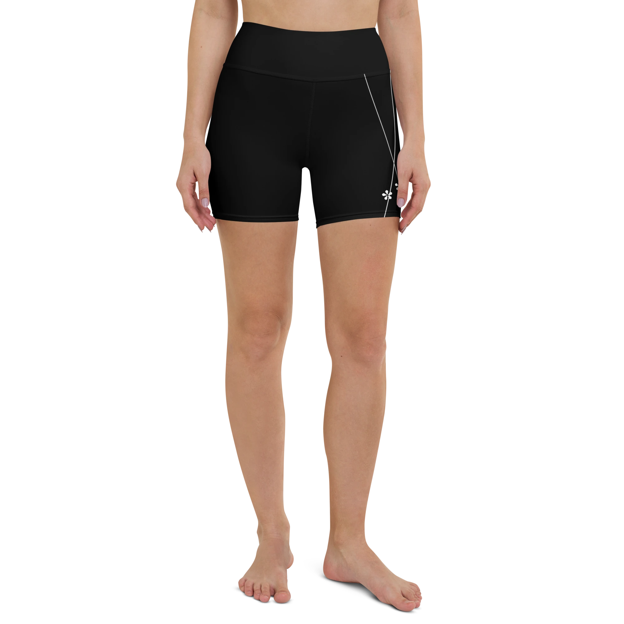 DuelStars black yoga shorts with white floral print, full front view