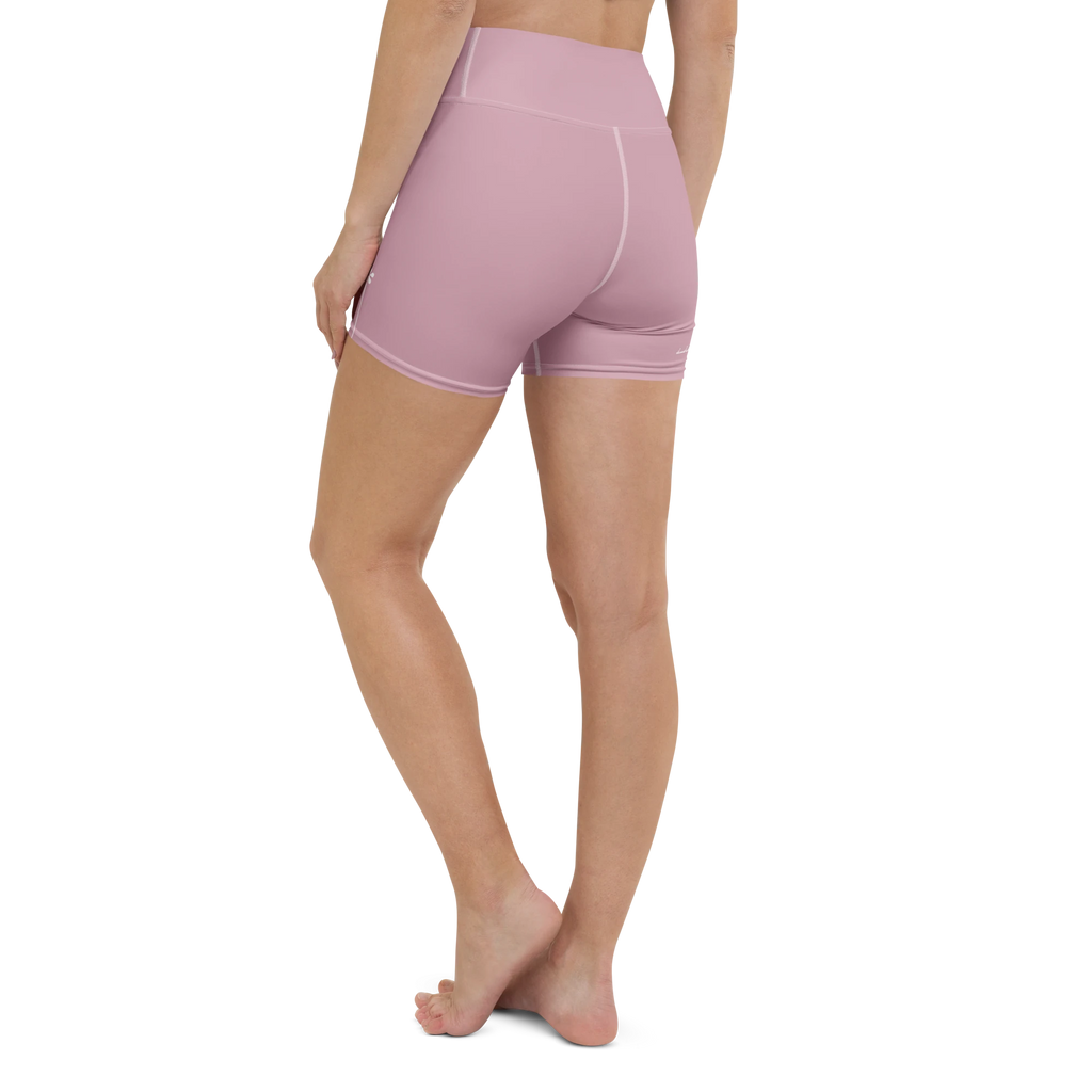 DuelStars dusty rose yoga shorts with ivory white floral print, back view