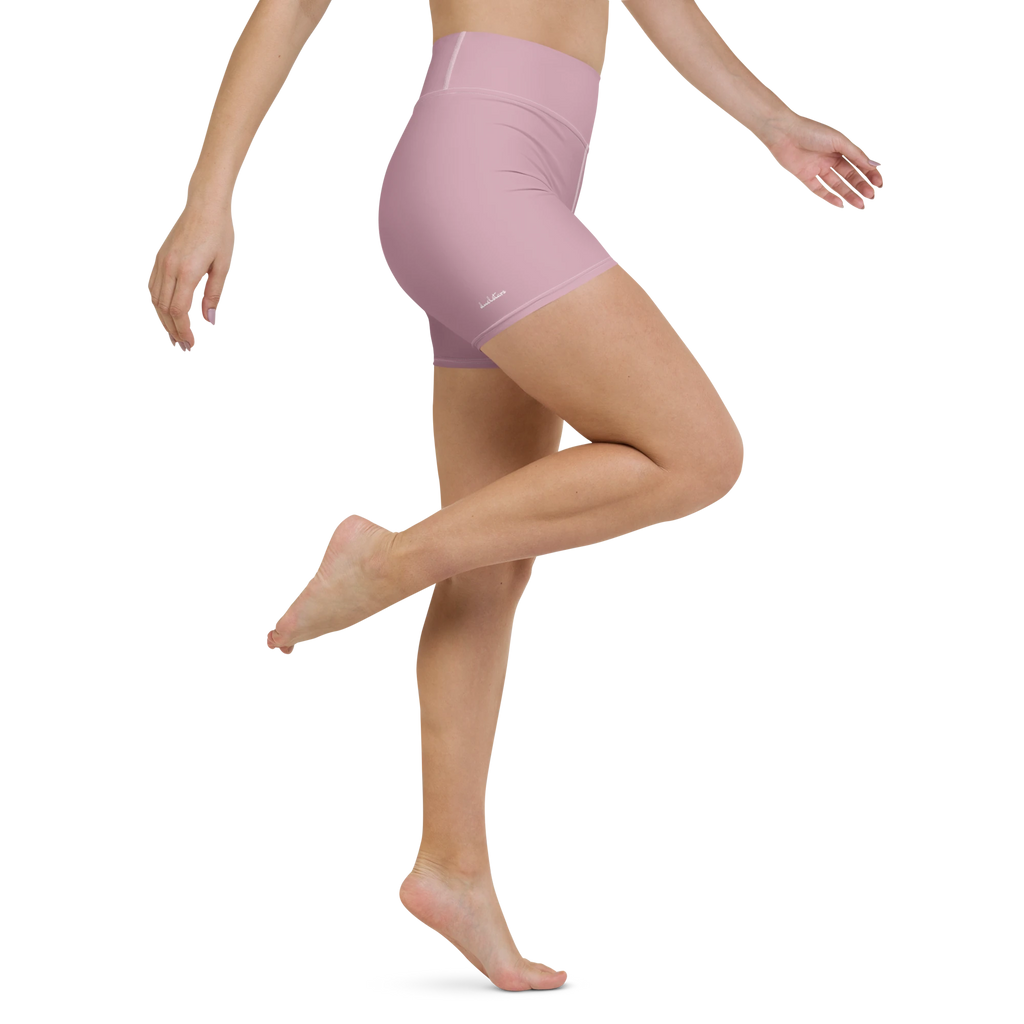 DuelStars dusty rose yoga shorts with ivory white floral print, right side leg view