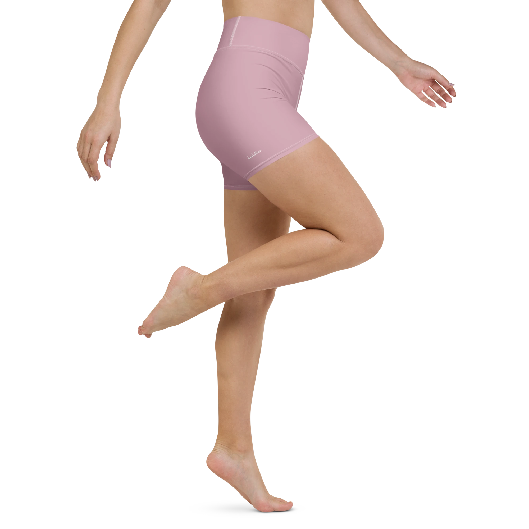 DuelStars dusty rose yoga shorts with ivory white floral print, right side leg view