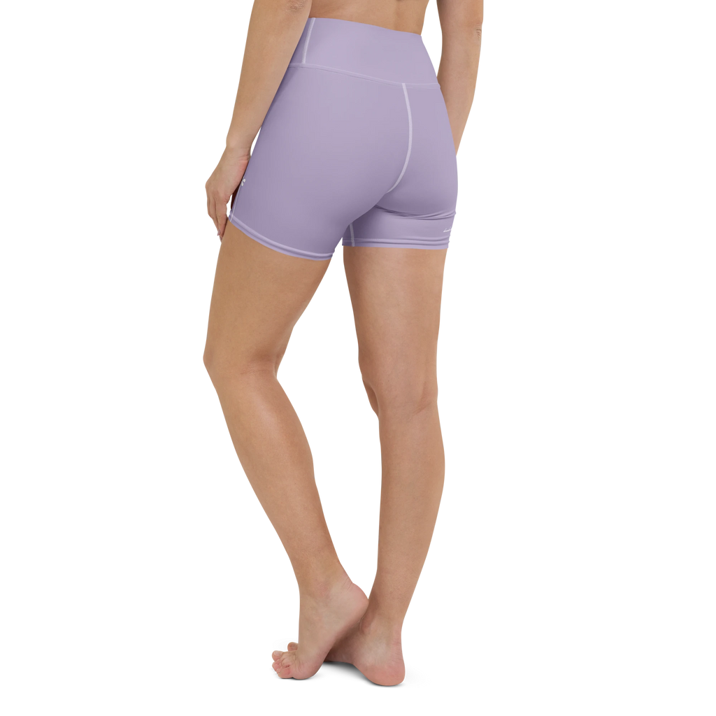 DuelStars misty lavender yoga shorts with ivory white floral print, back view