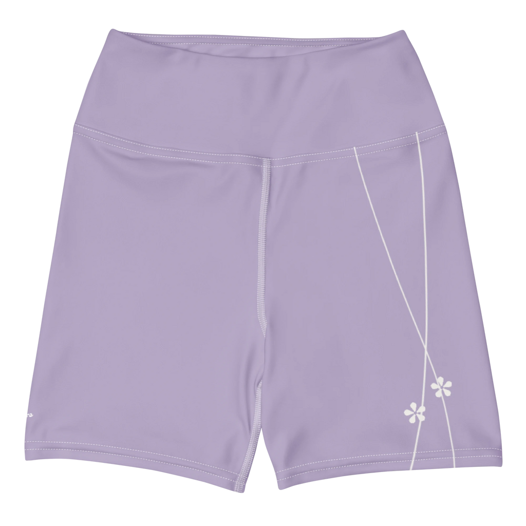 DuelStars misty lavender yoga shorts with ivory white floral print, flat lay front view