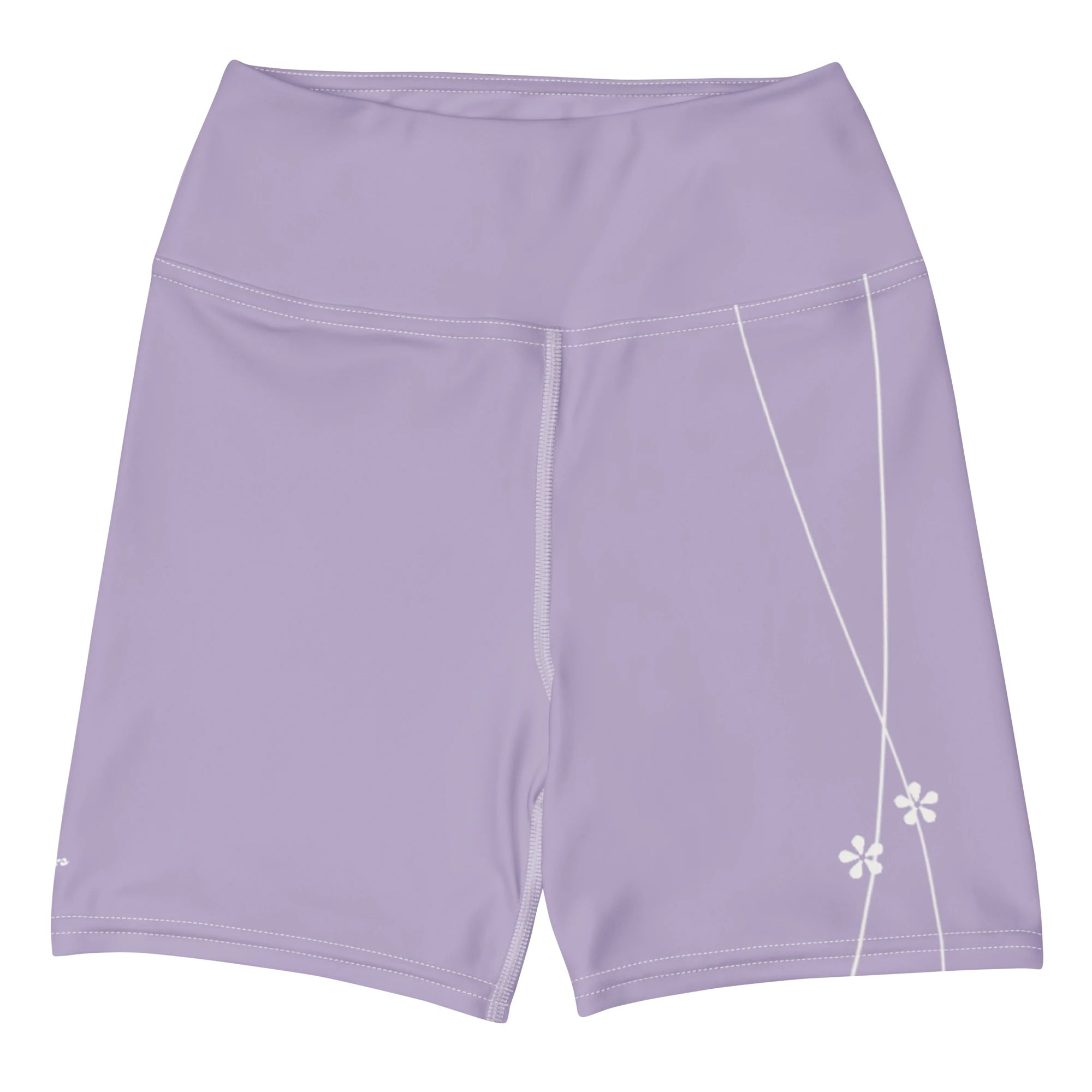 DuelStars misty lavender yoga shorts with ivory white floral print, flat lay front view