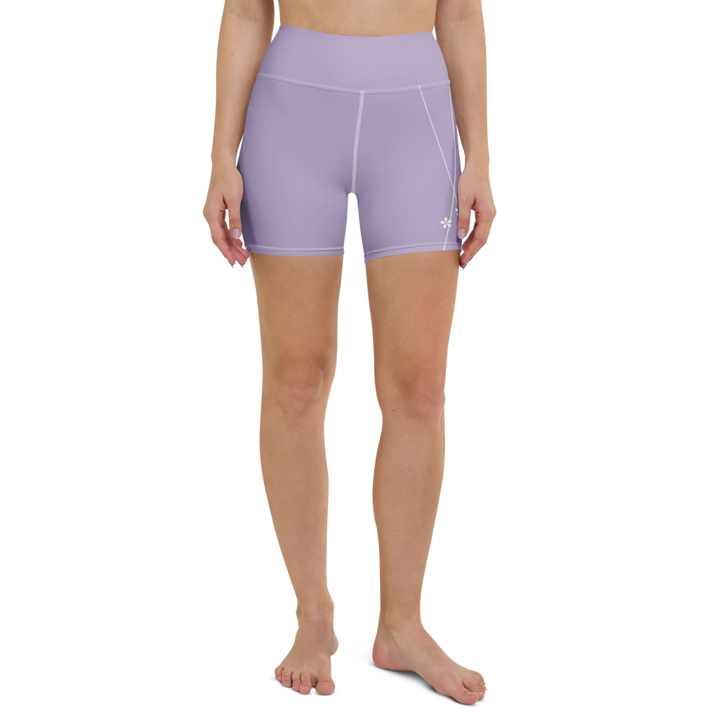 DuelStars misty lavender yoga shorts with ivory white floral print, full front view