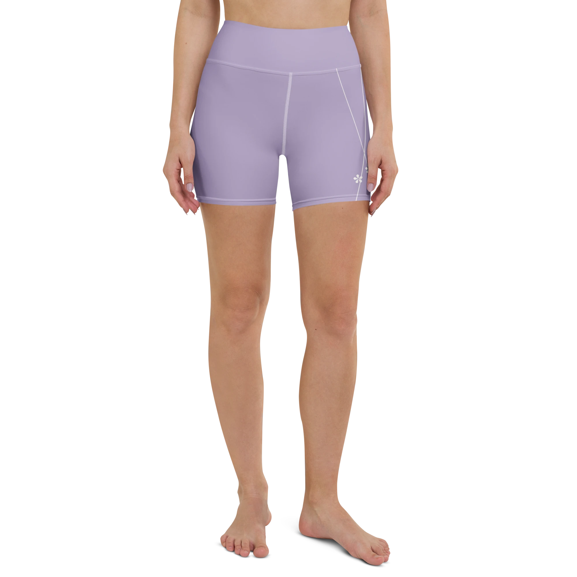 DuelStars misty lavender yoga shorts with ivory white floral print, full front view