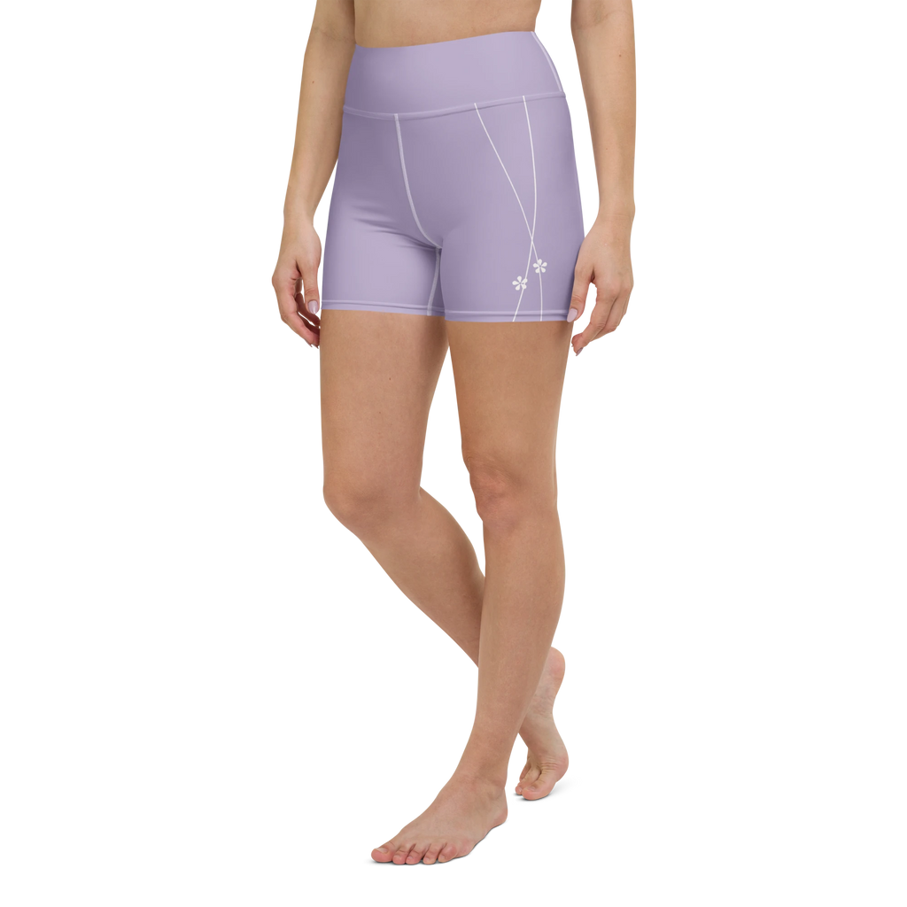 DuelStars misty lavender yoga shorts with ivory white floral print, left front view
