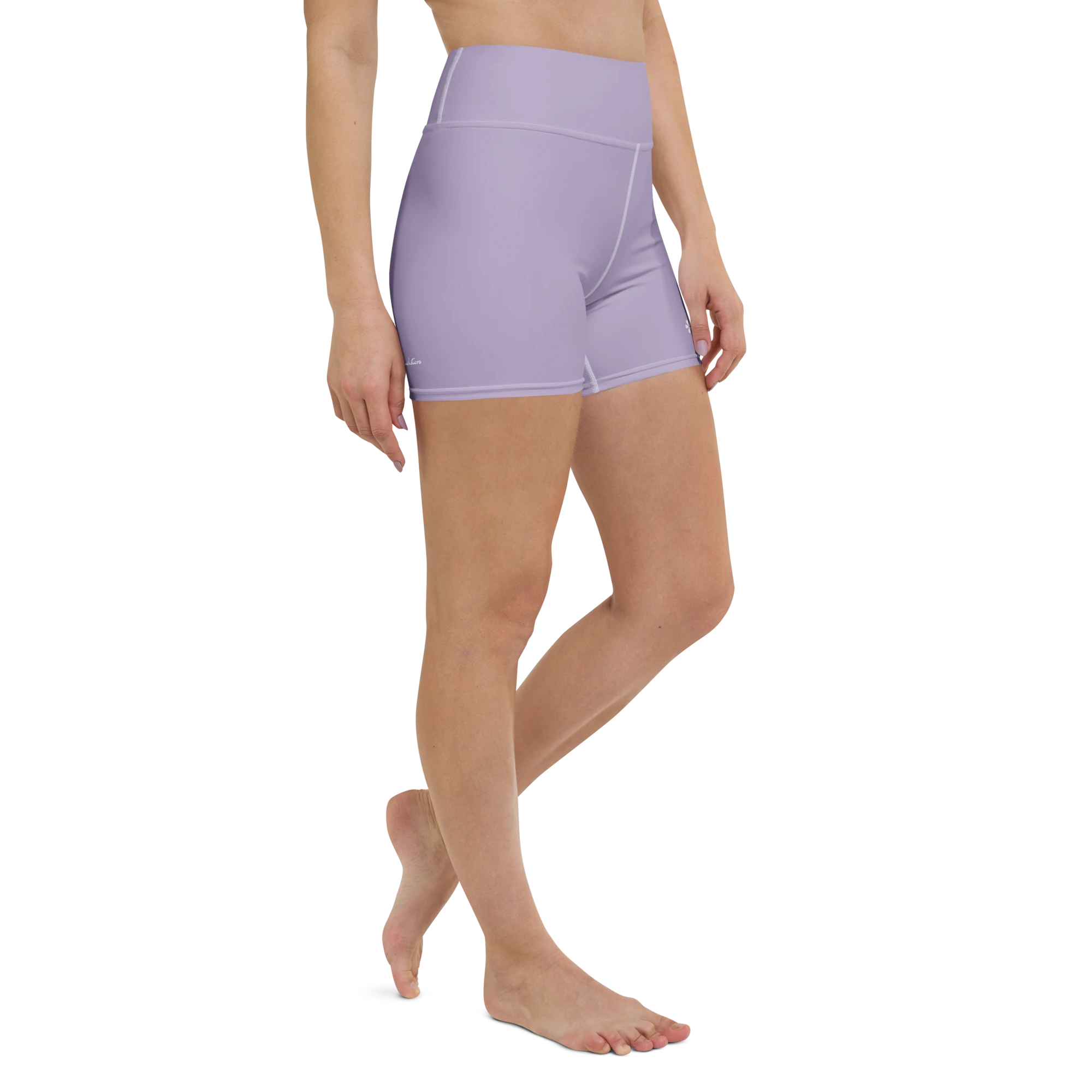 DuelStars misty lavender yoga shorts with ivory white floral print, right front view