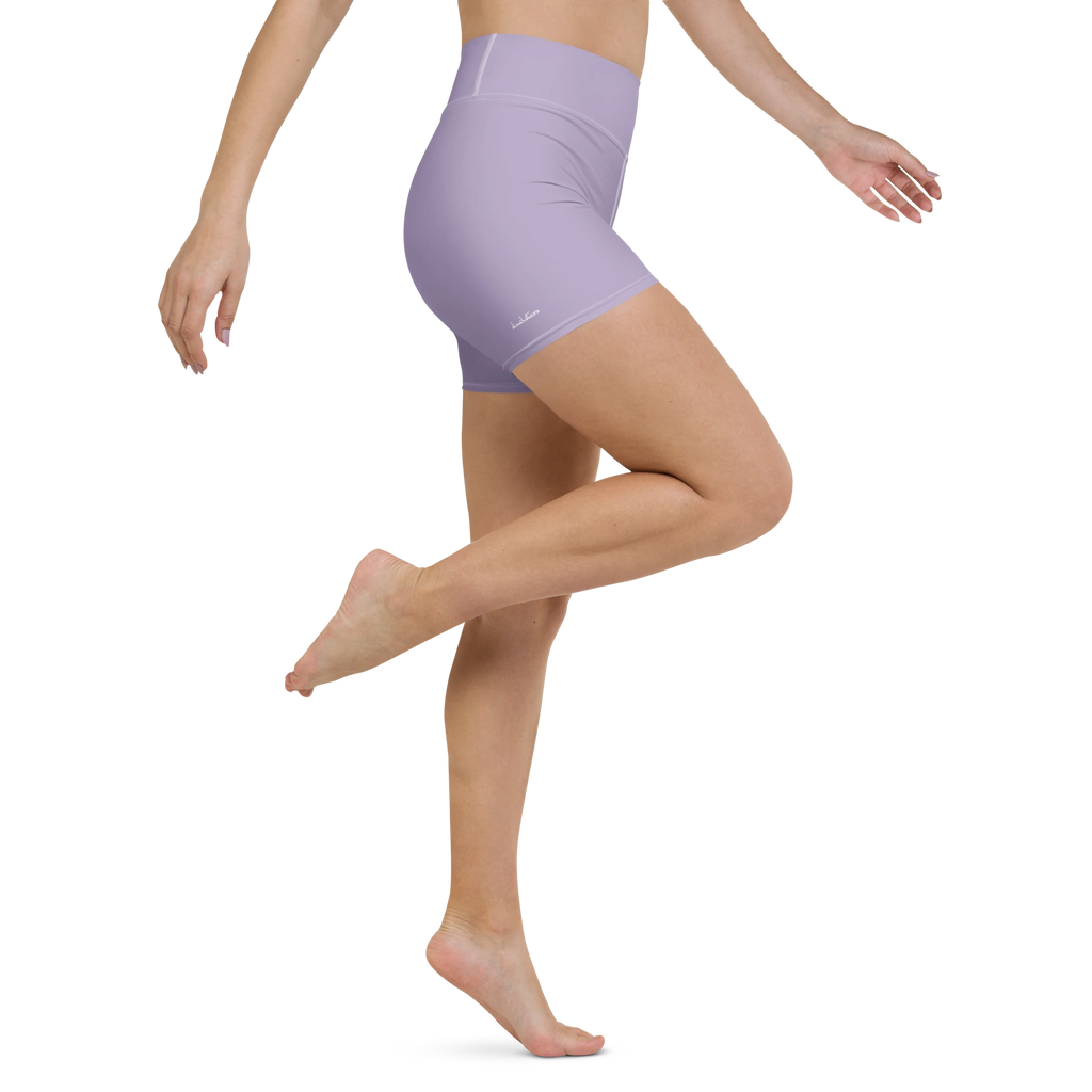 DuelStars misty lavender yoga shorts with ivory white floral print, right side leg view