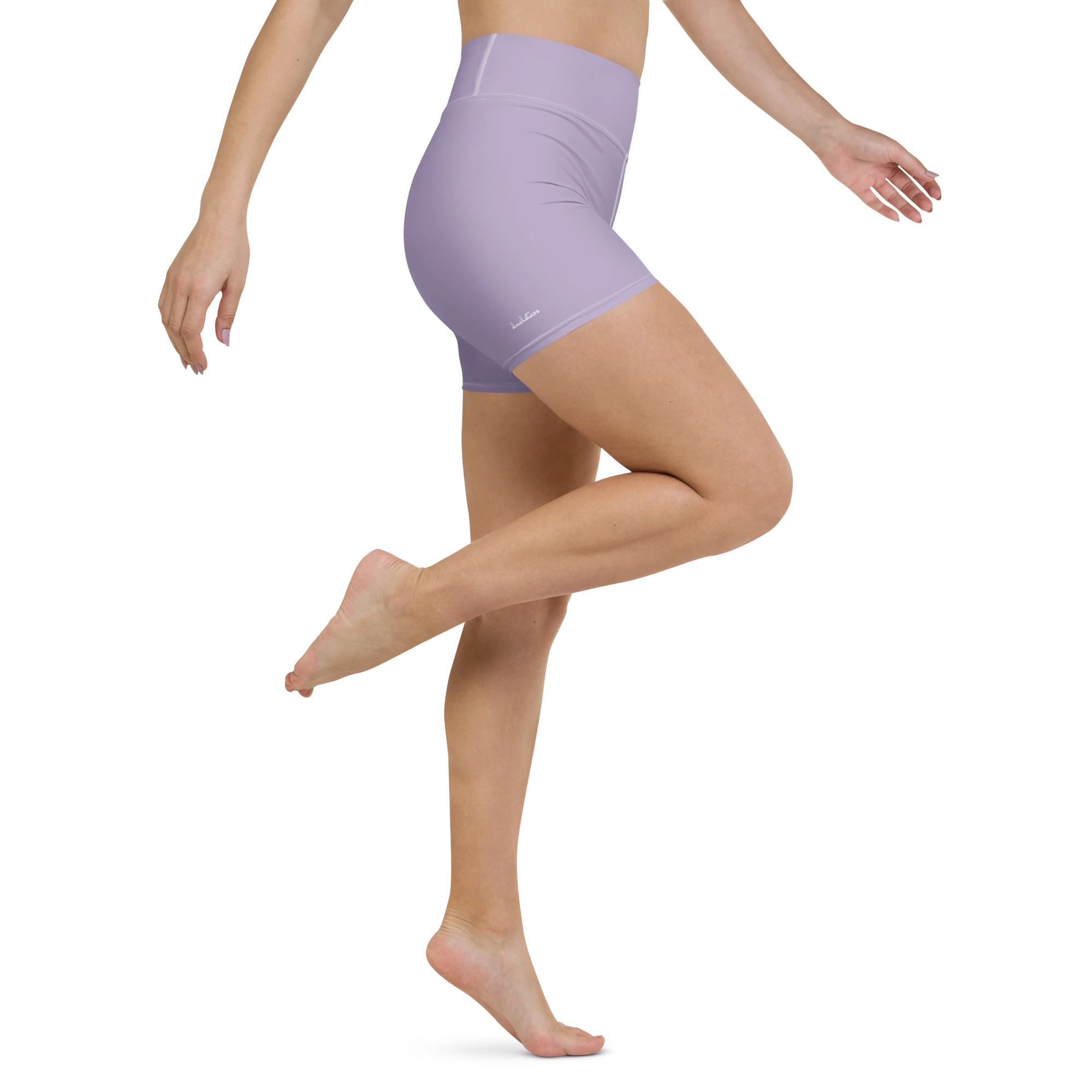 DuelStars misty lavender yoga shorts with ivory white floral print, right side leg view