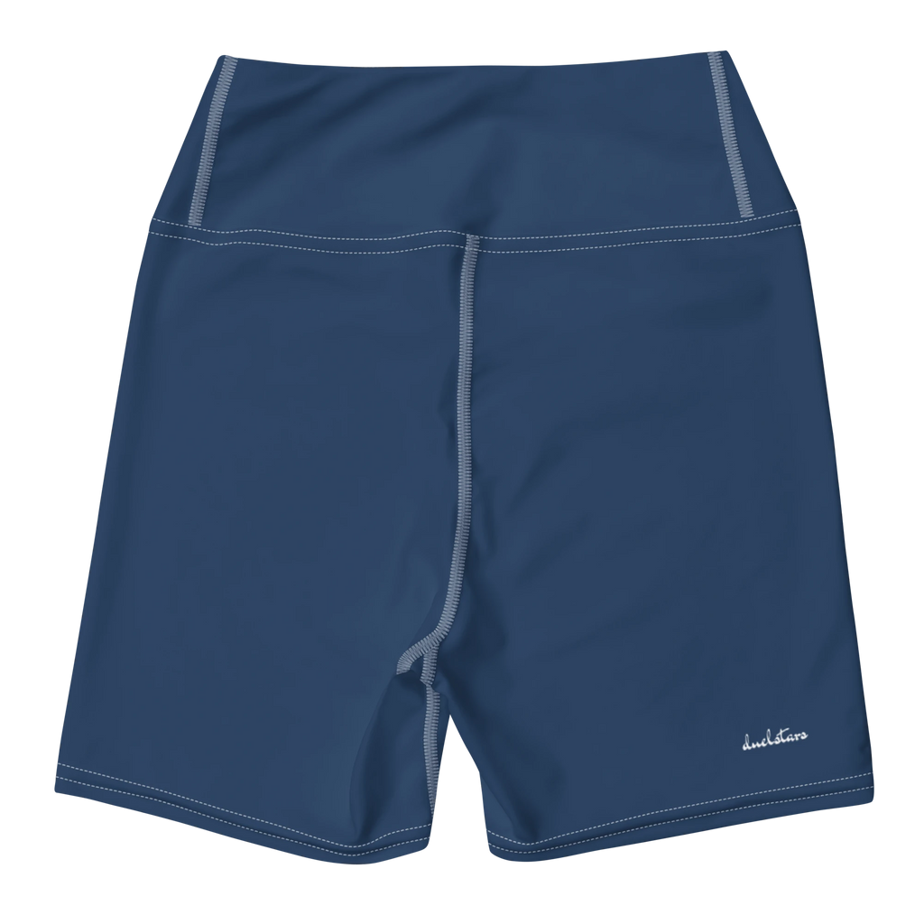 DuelStars ocean blue yoga shorts with white floral print, flat lay back view