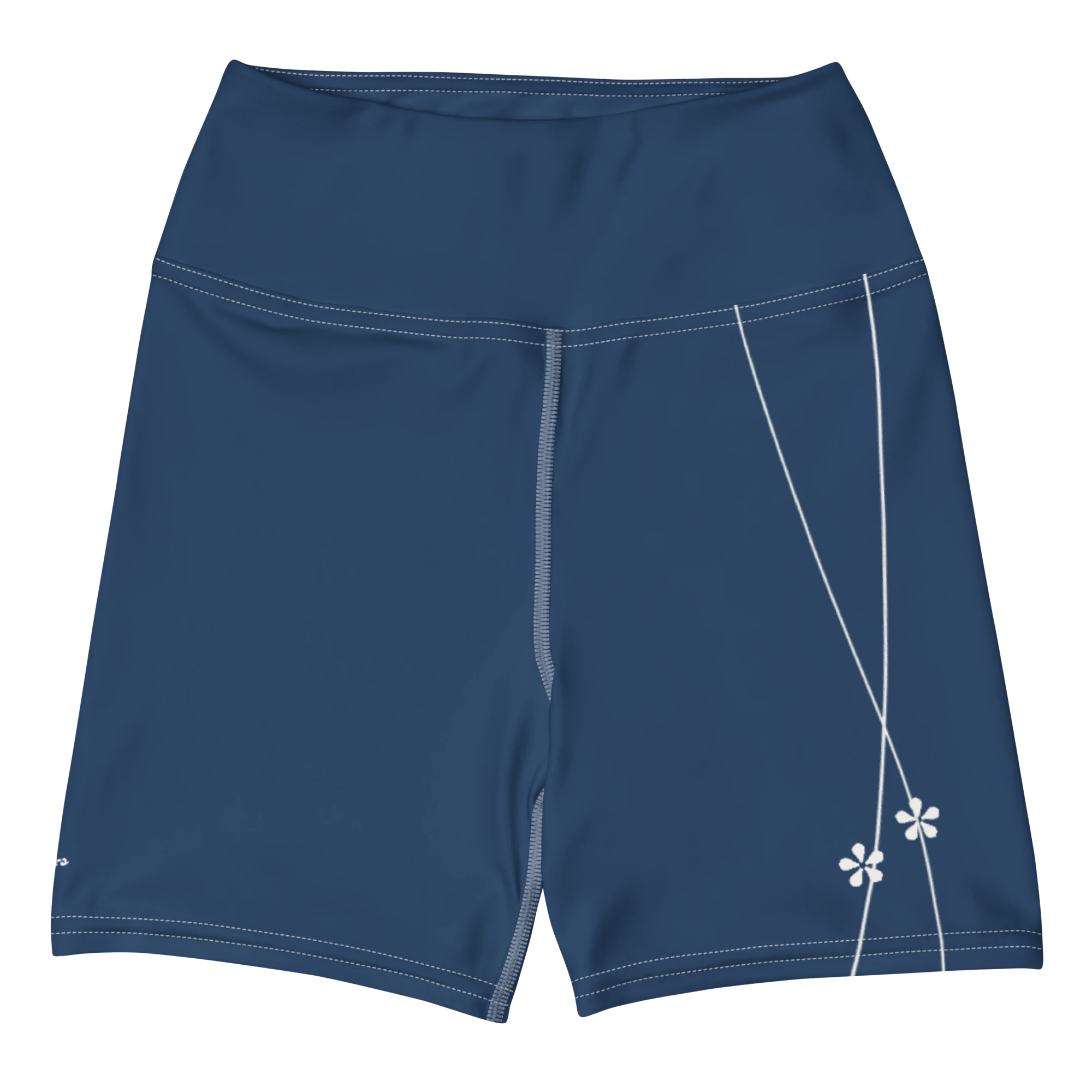 DuelStars ocean blue yoga shorts with white floral print, flat lay front view