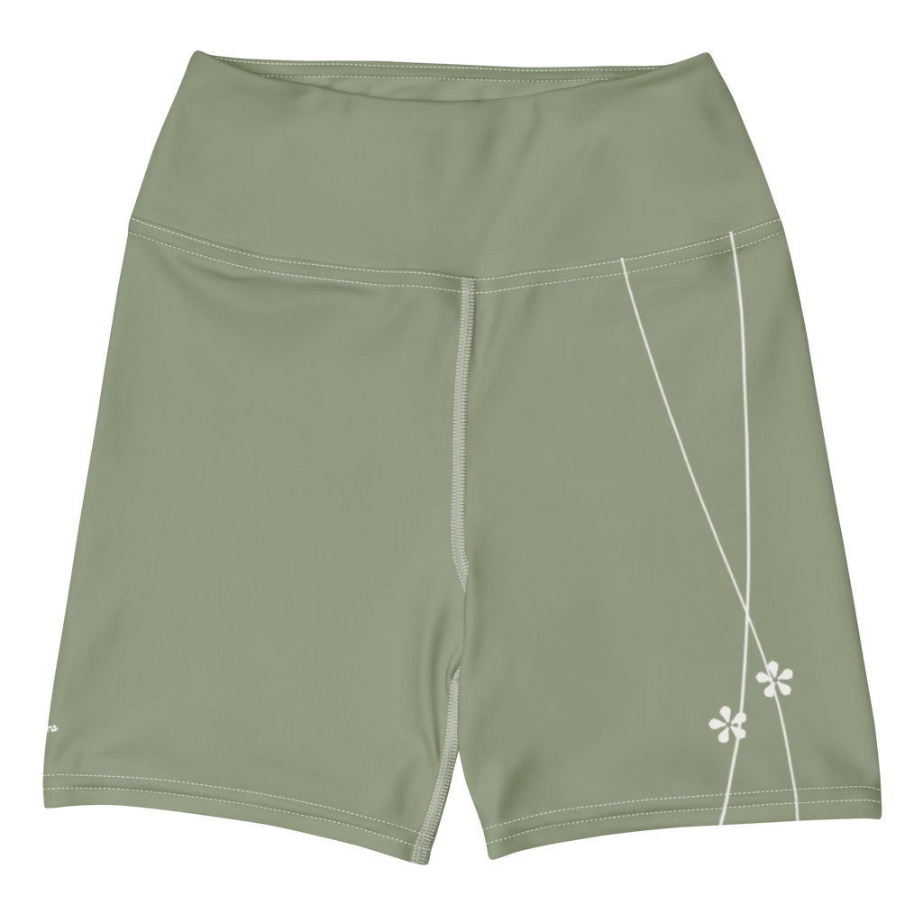 DuelStars sage green yoga shorts with ivory white floral print, flat lay front view