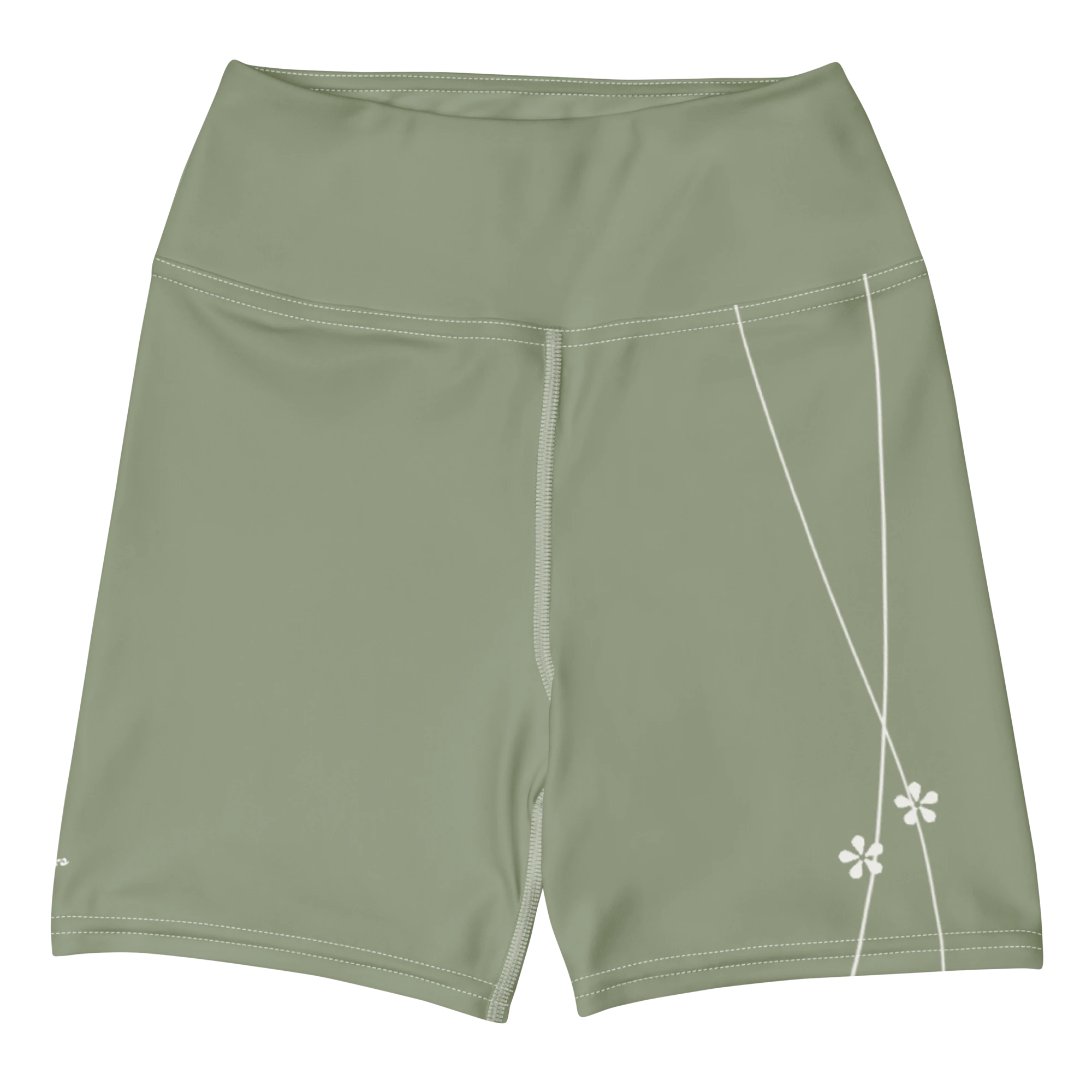 DuelStars sage green yoga shorts with ivory white floral print, flat lay front view