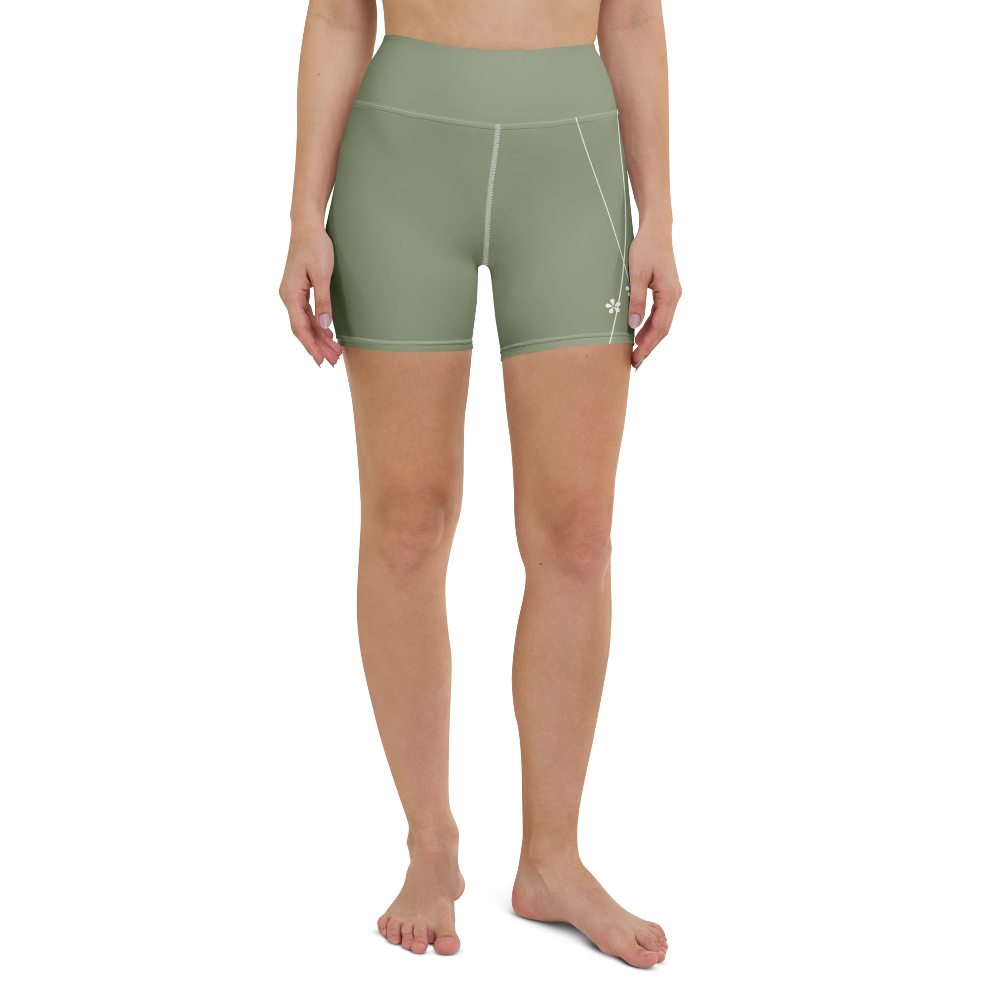 DuelStars sage green yoga shorts with ivory white floral print, full front view