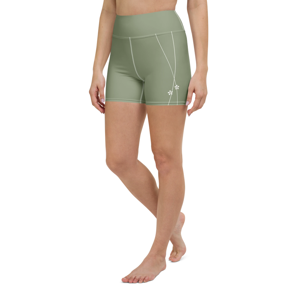 DuelStars sage green yoga shorts with ivory white floral print, left front view