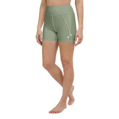 DuelStars sage green yoga shorts with ivory white floral print, left front view