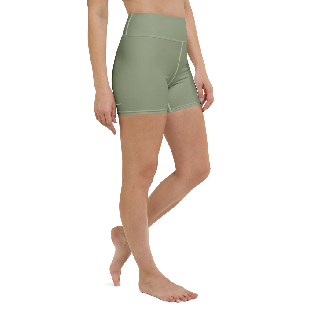 DuelStars sage green yoga shorts with ivory white floral print, right front view