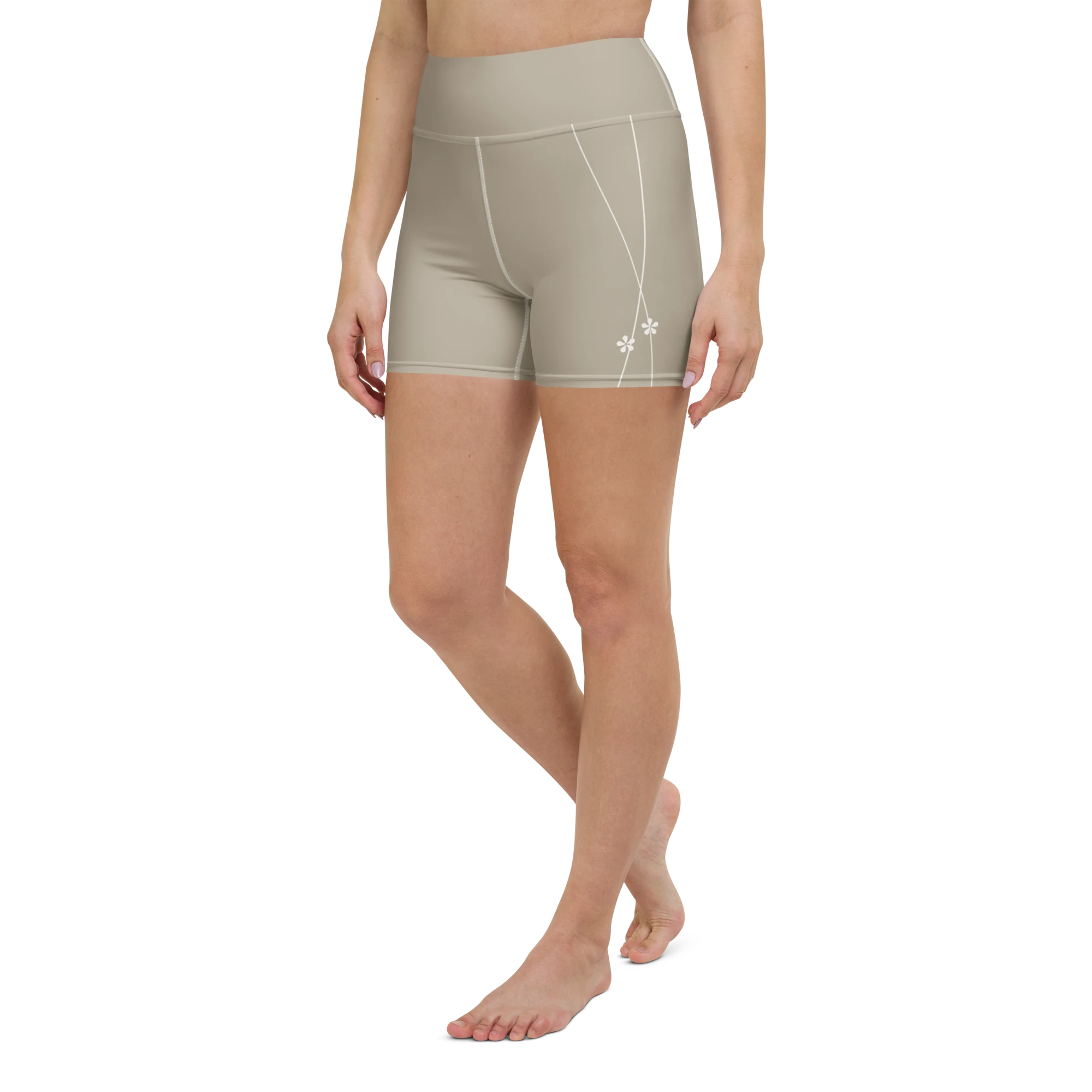 DuelStars stone grey yoga shorts with ivory white floral print, left front view