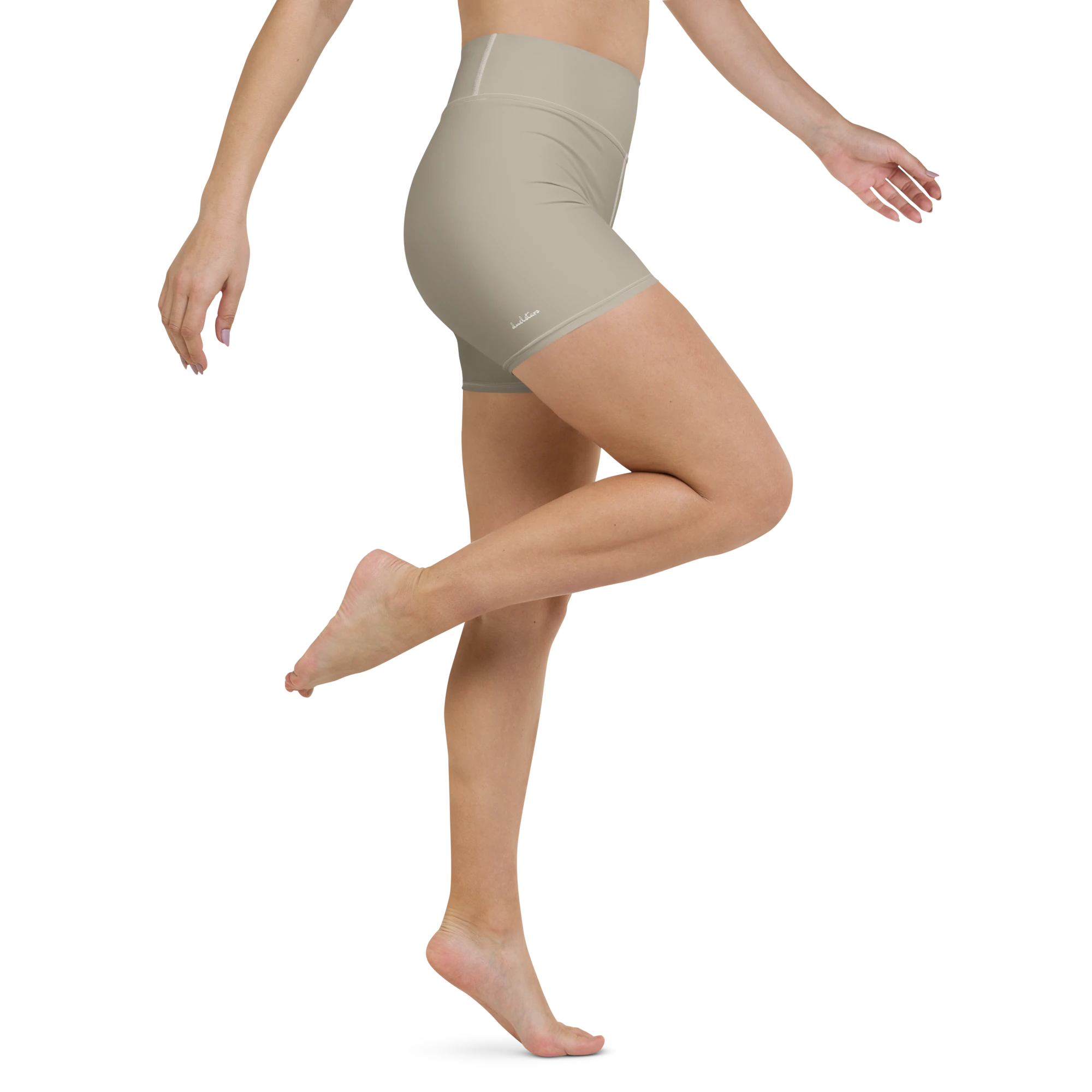 DuelStars stone grey yoga shorts with ivory white floral print, right side leg view