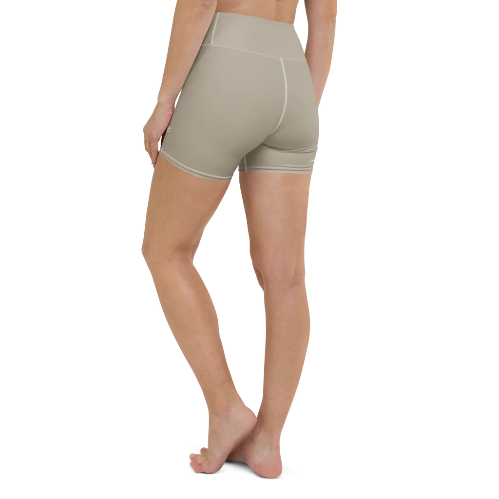 DuelStars stone grey yoga shorts with ivory white floral print, back view