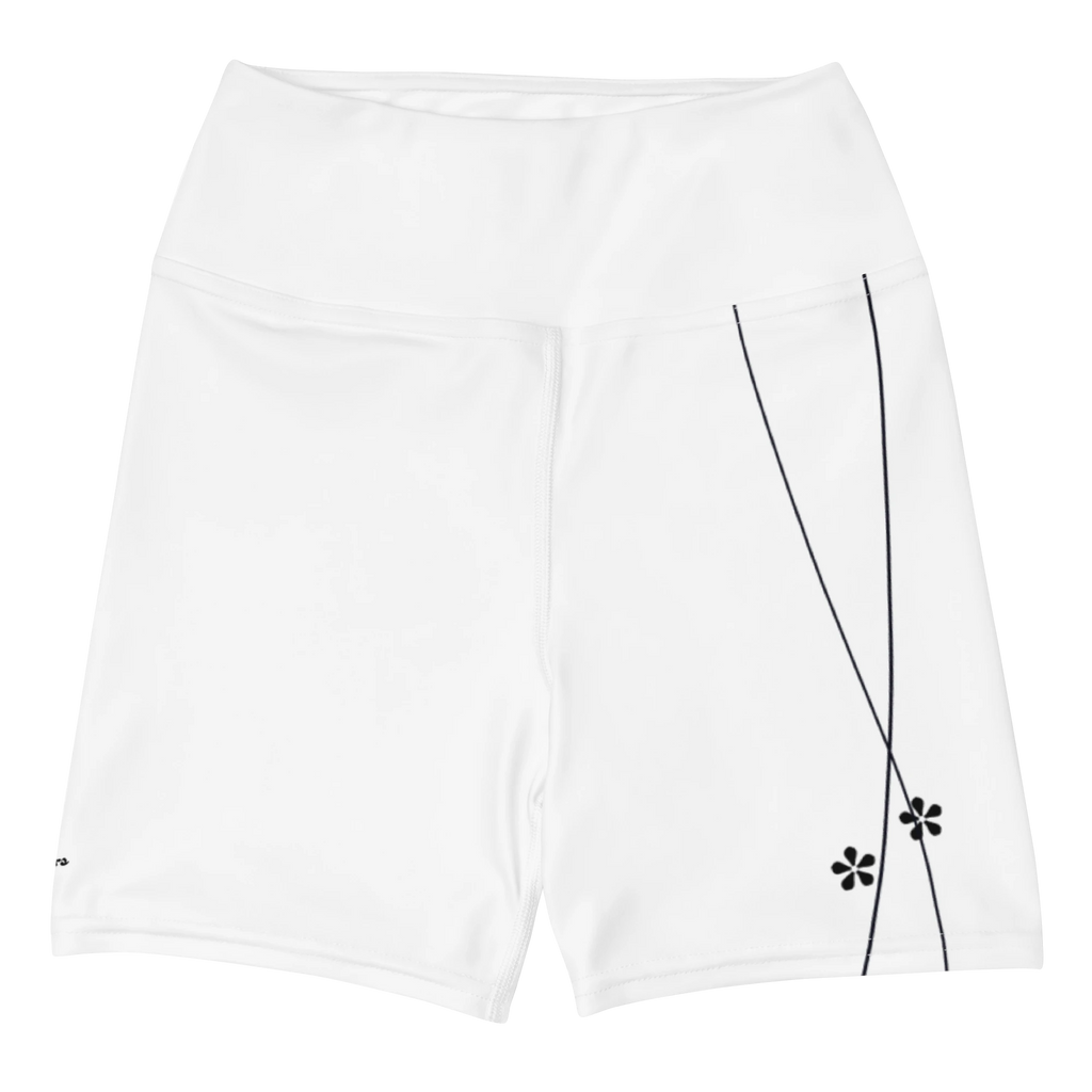 DuelStars white yoga shorts with black floral print, flat lay front view