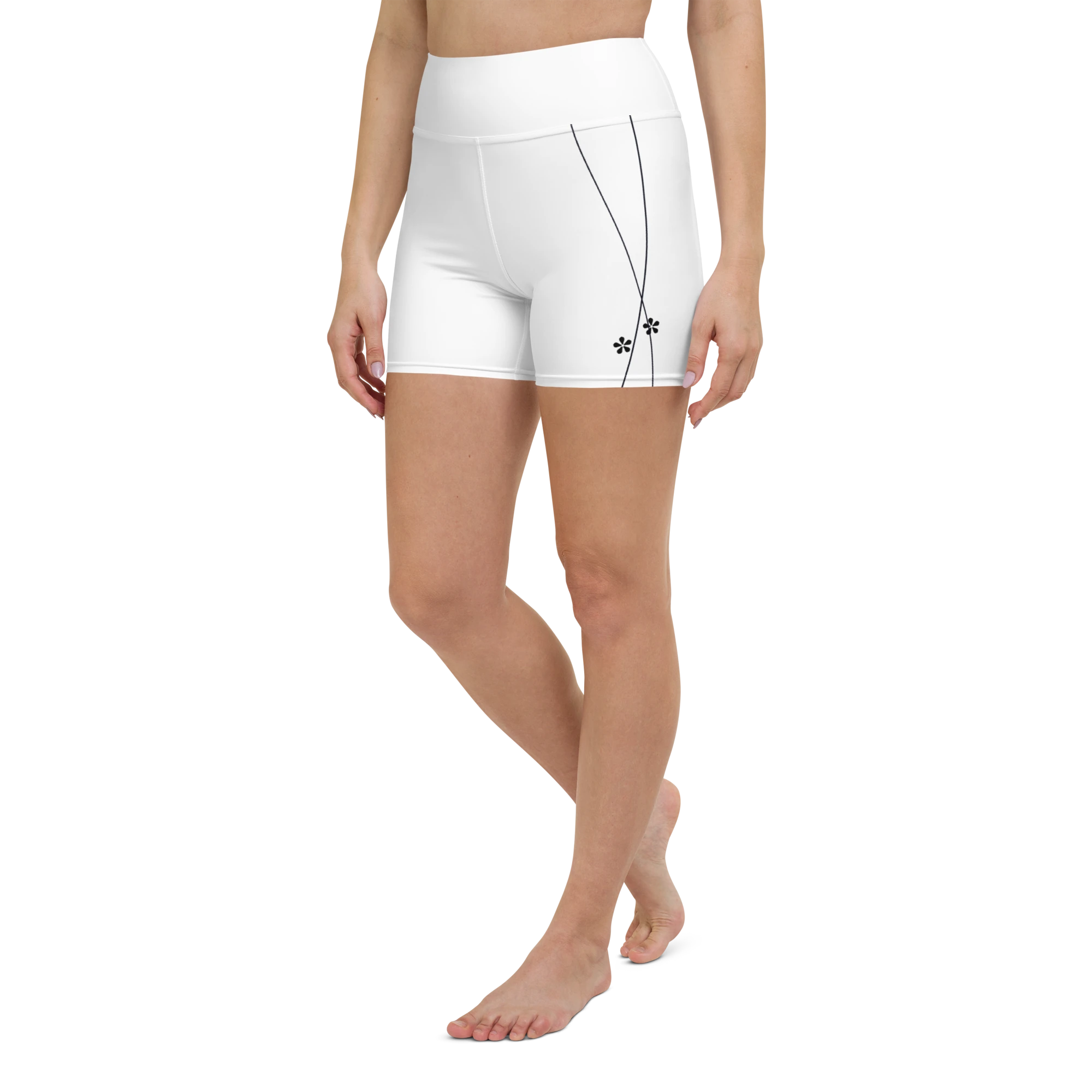 DuelStars white yoga shorts with black floral print, left front view