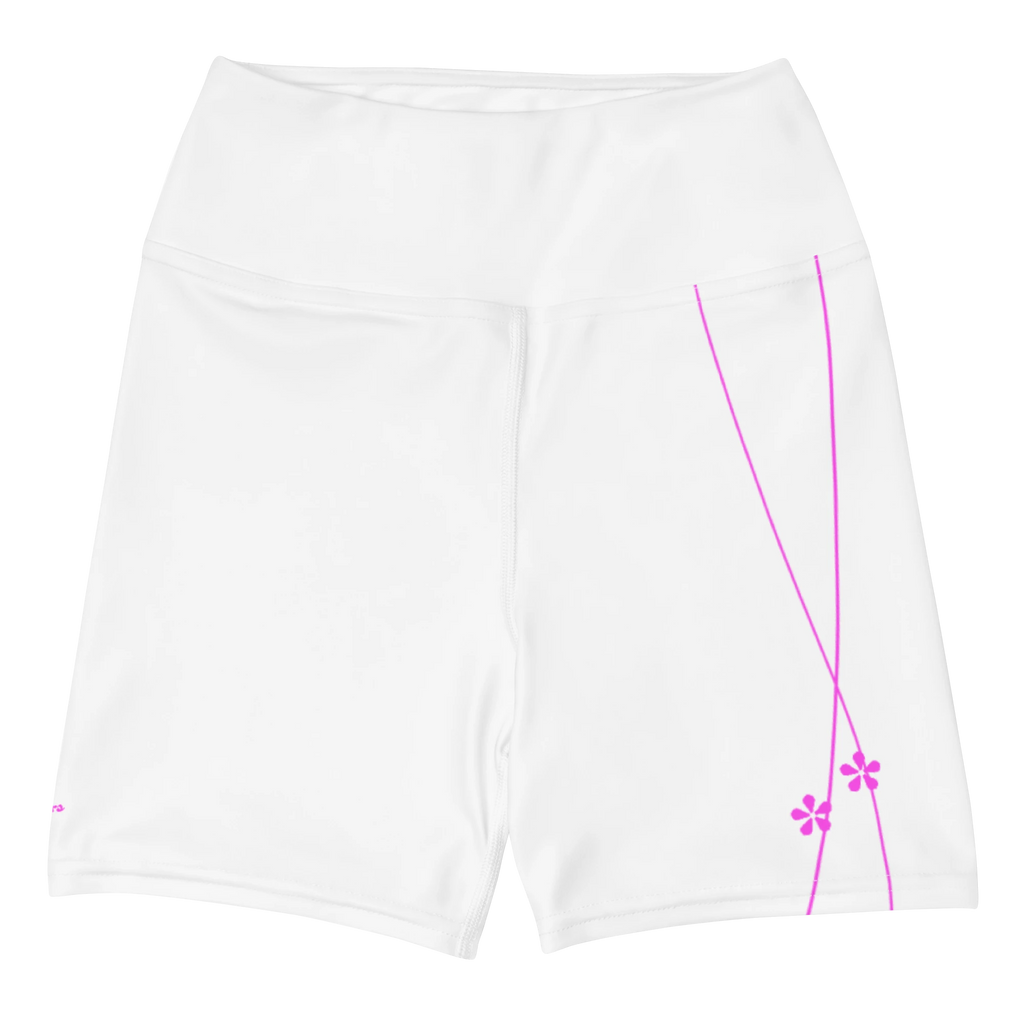 DuelStars white yoga shorts with pink floral print, flat lay front view
