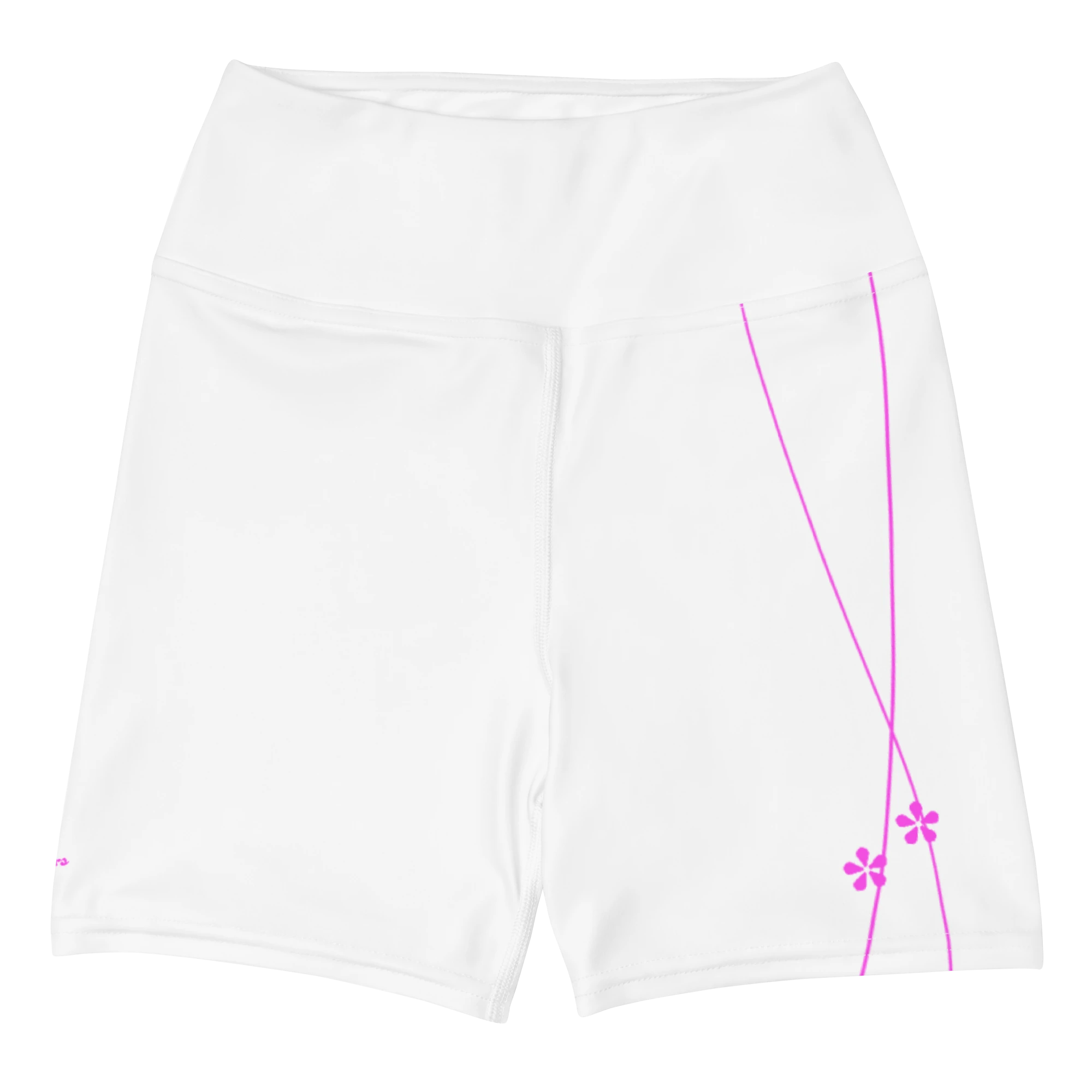 DuelStars white yoga shorts with pink floral print, flat lay front view