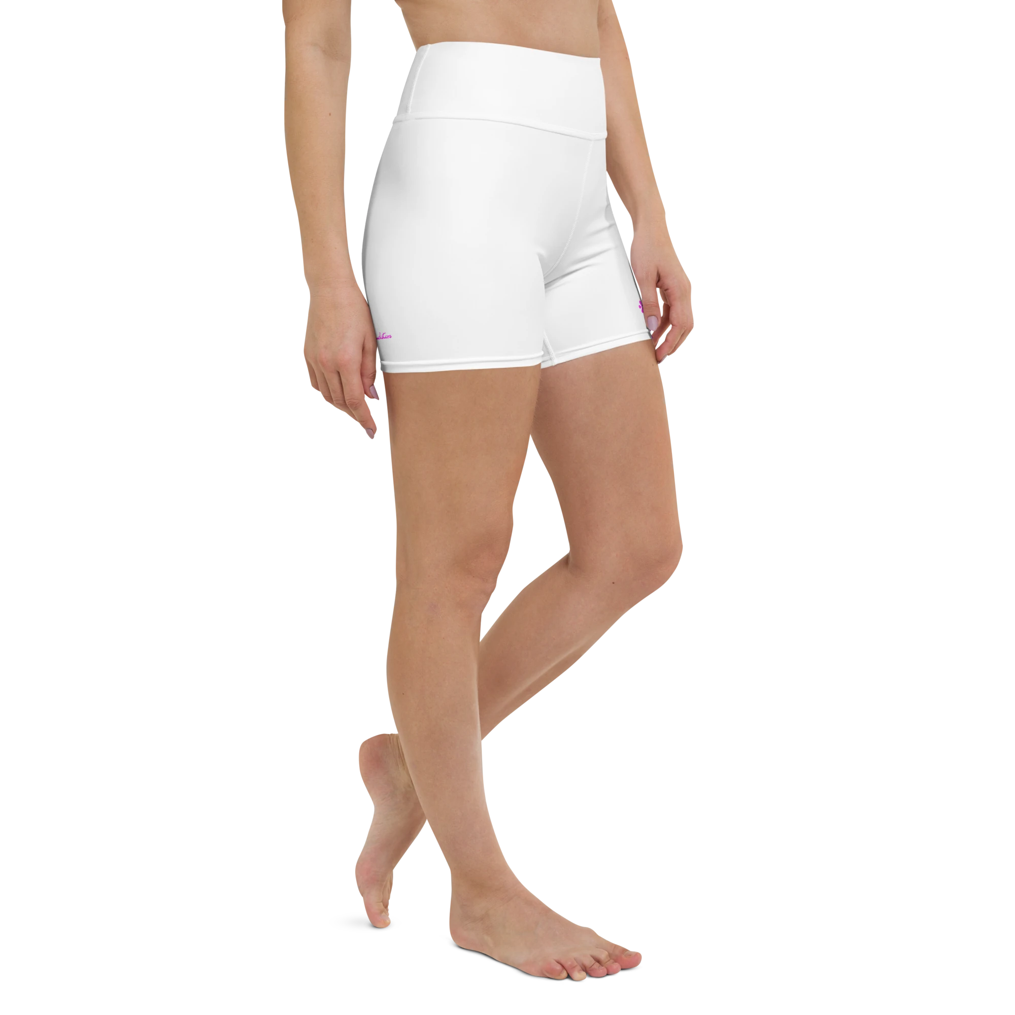 DuelStars white yoga shorts with pink floral print, right front view