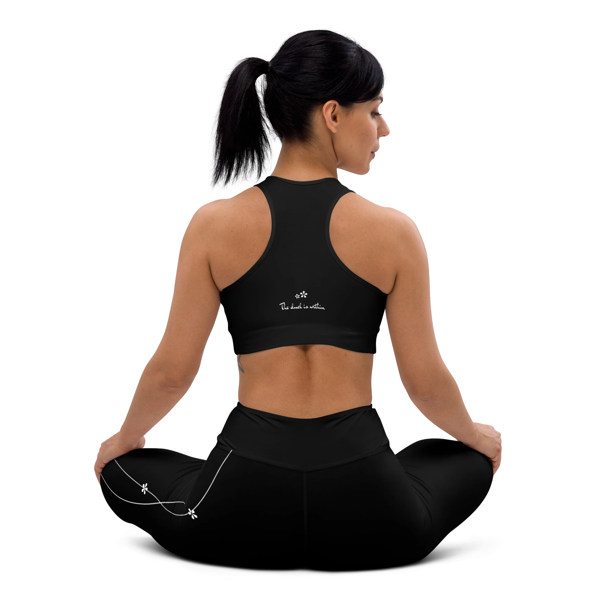 DuelStars Core Femme yoga sports bra - full back view showing white floral print and complete coverage.