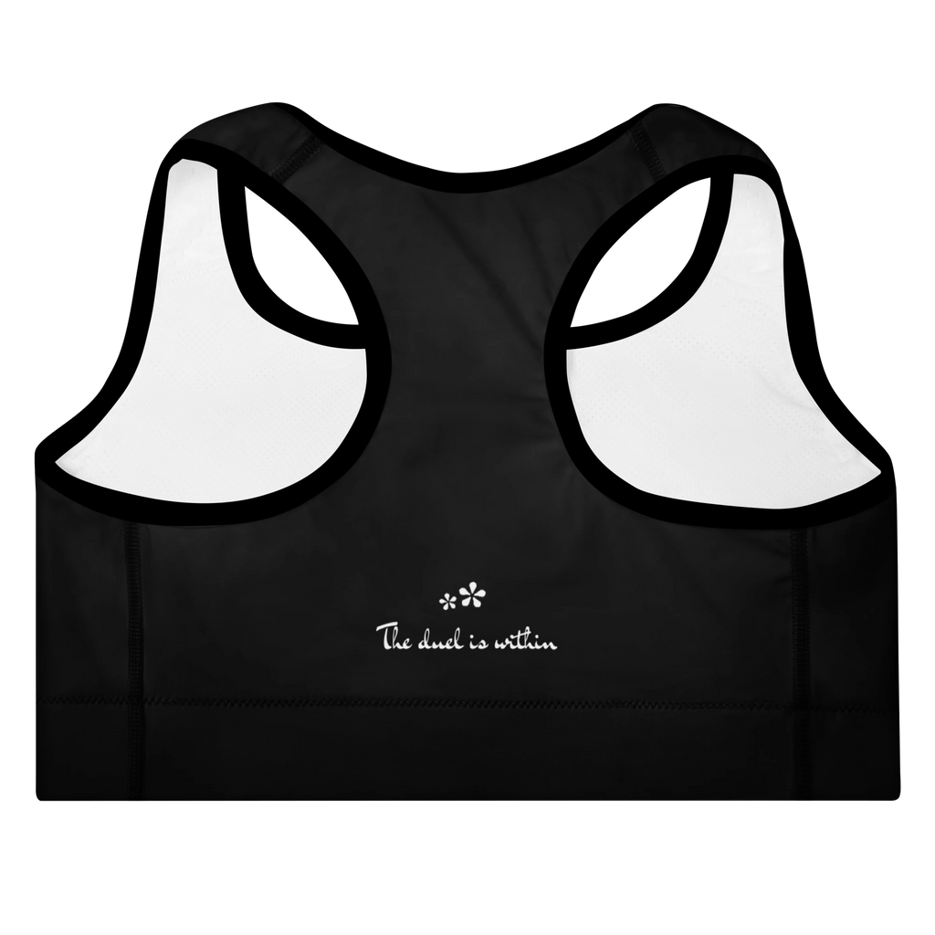 DuelStars Core Femme sports bra back view - featuring "The Duel Is Within" inspirational text.