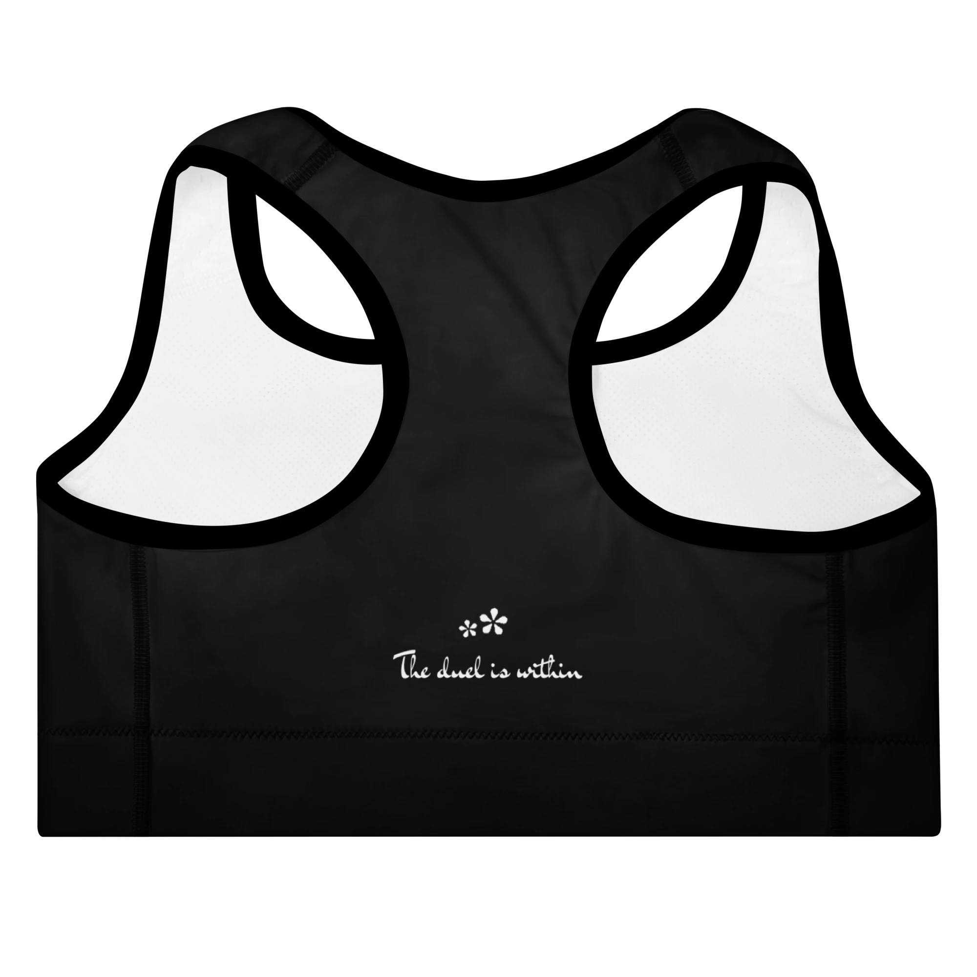 DuelStars Core Femme sports bra back view - featuring "The Duel Is Within" inspirational text.