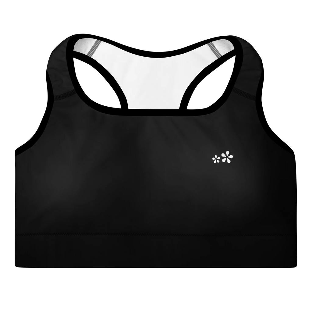 DuelStars Core Femme sports bra - front view flat lay showing DuelStars blossom logo design.