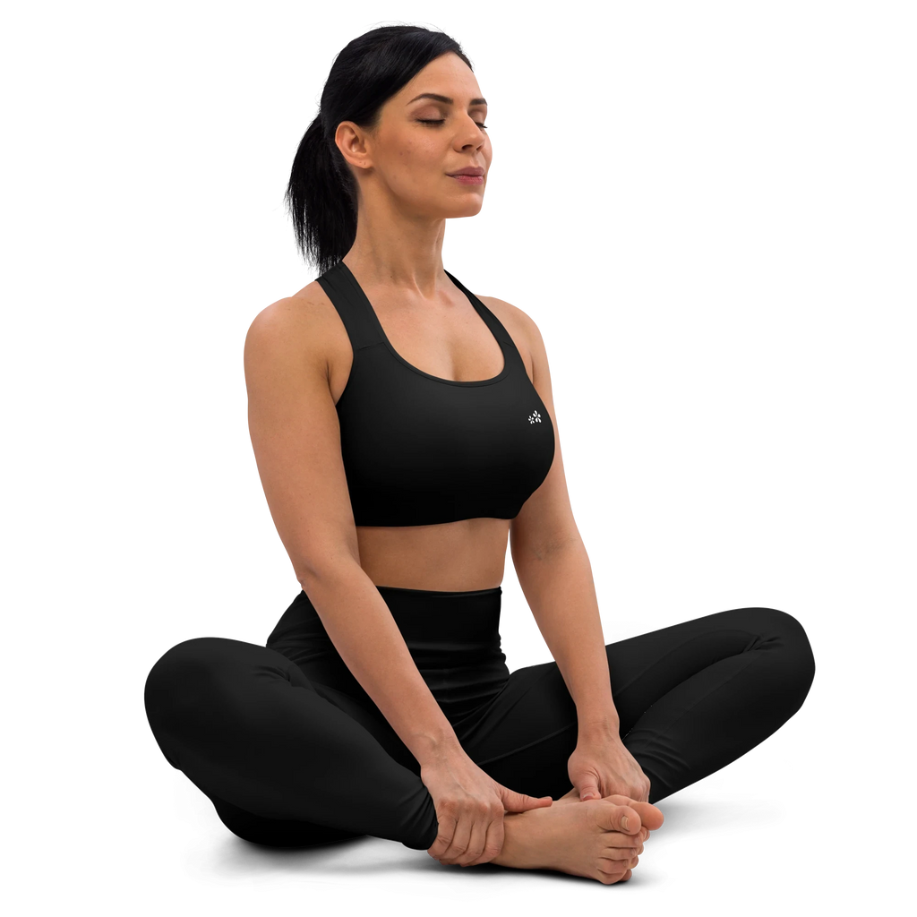 DuelStars Core Femme yoga sports bra - right front view showing white blossom logo and complete coverage.